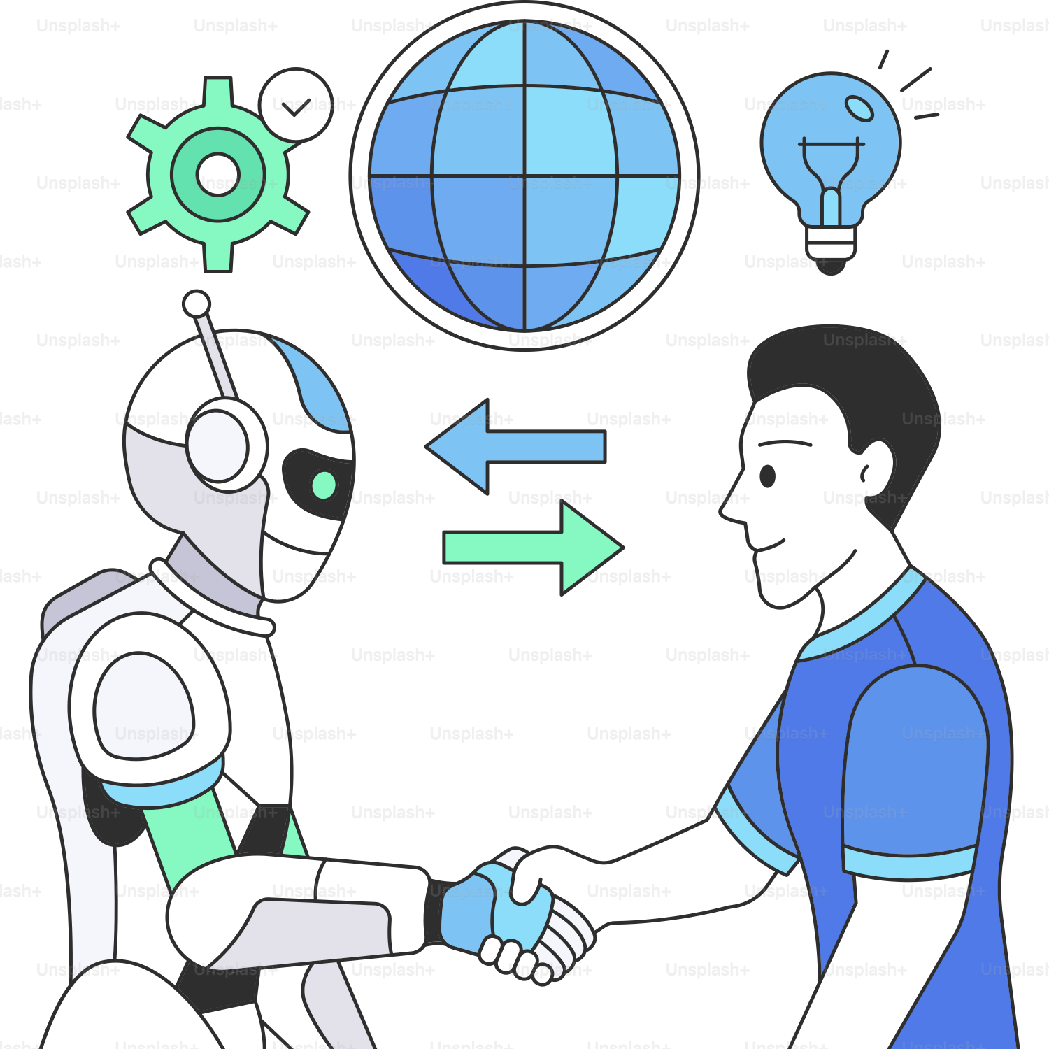 A robot shaking hands with a man in a blue shirt