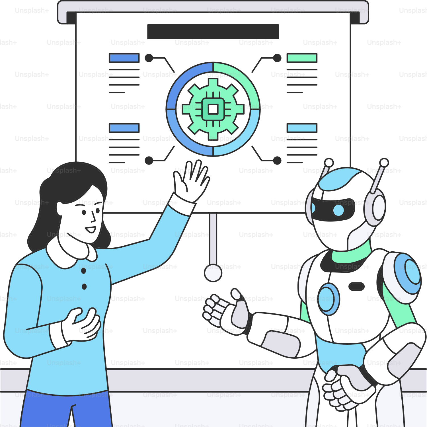 A woman standing next to a robot in front of a poster