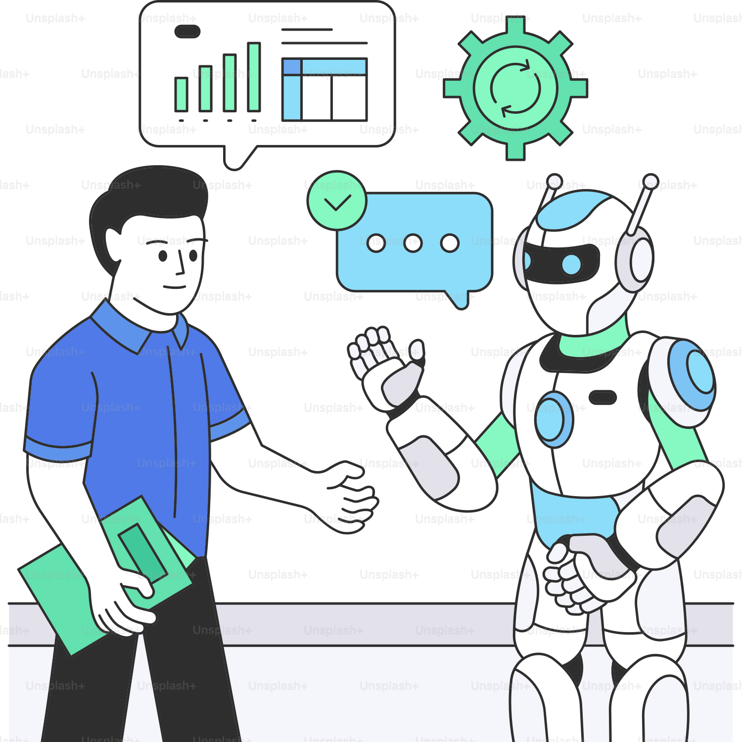 Um homem ao lado de um robô segurando uma pasta