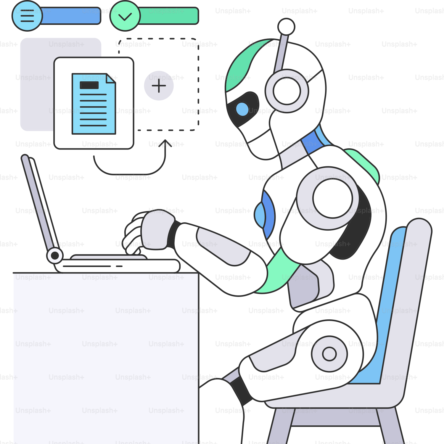 A robot sitting at a desk using a laptop