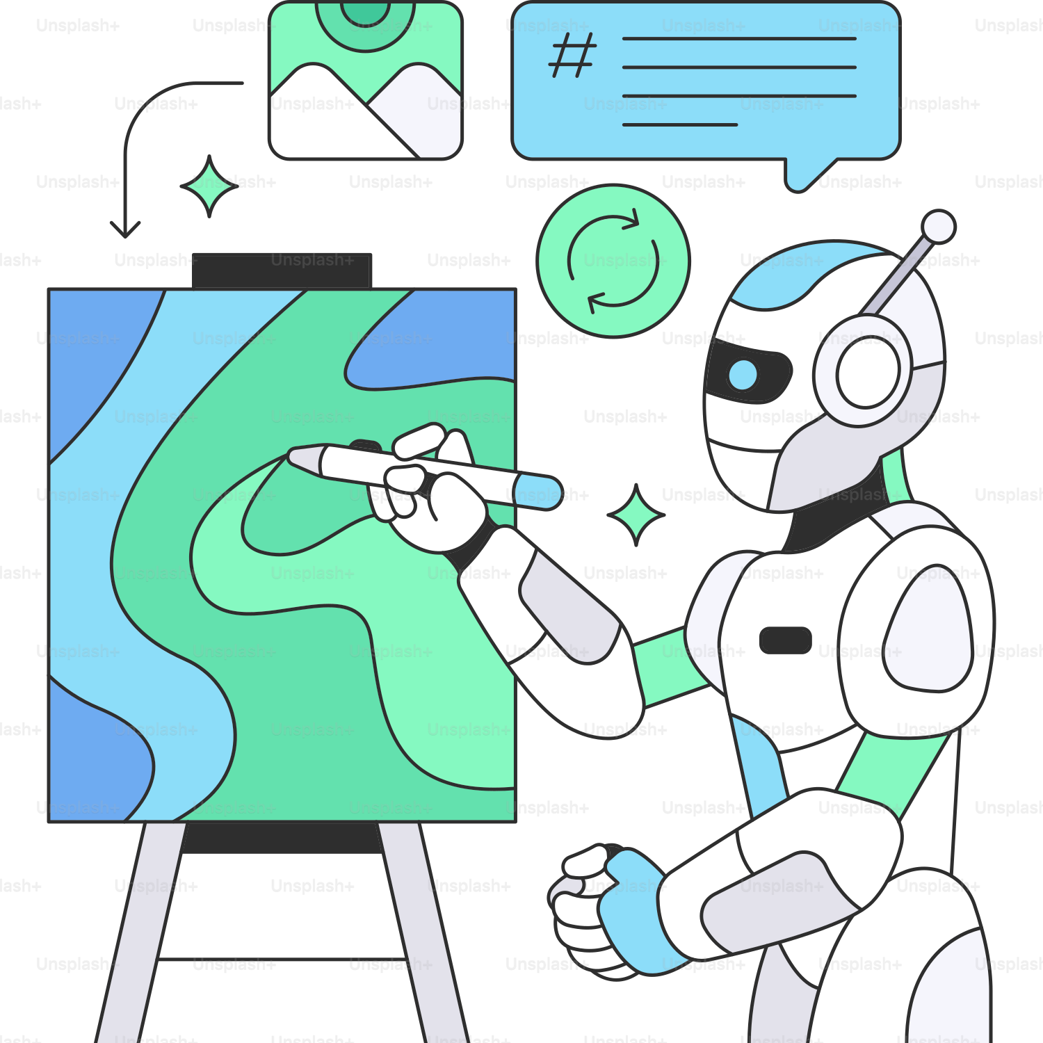 A robot is painting a picture on a easel