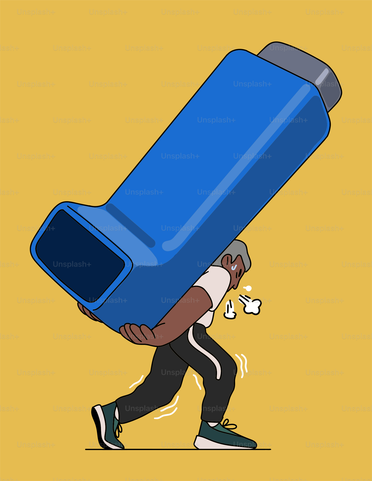 A man carrying a large blue object on his back