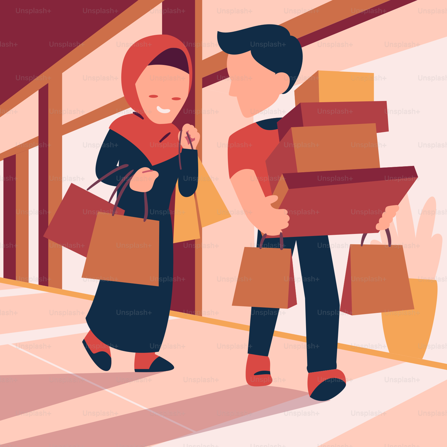 A man and a woman carrying boxes and bags