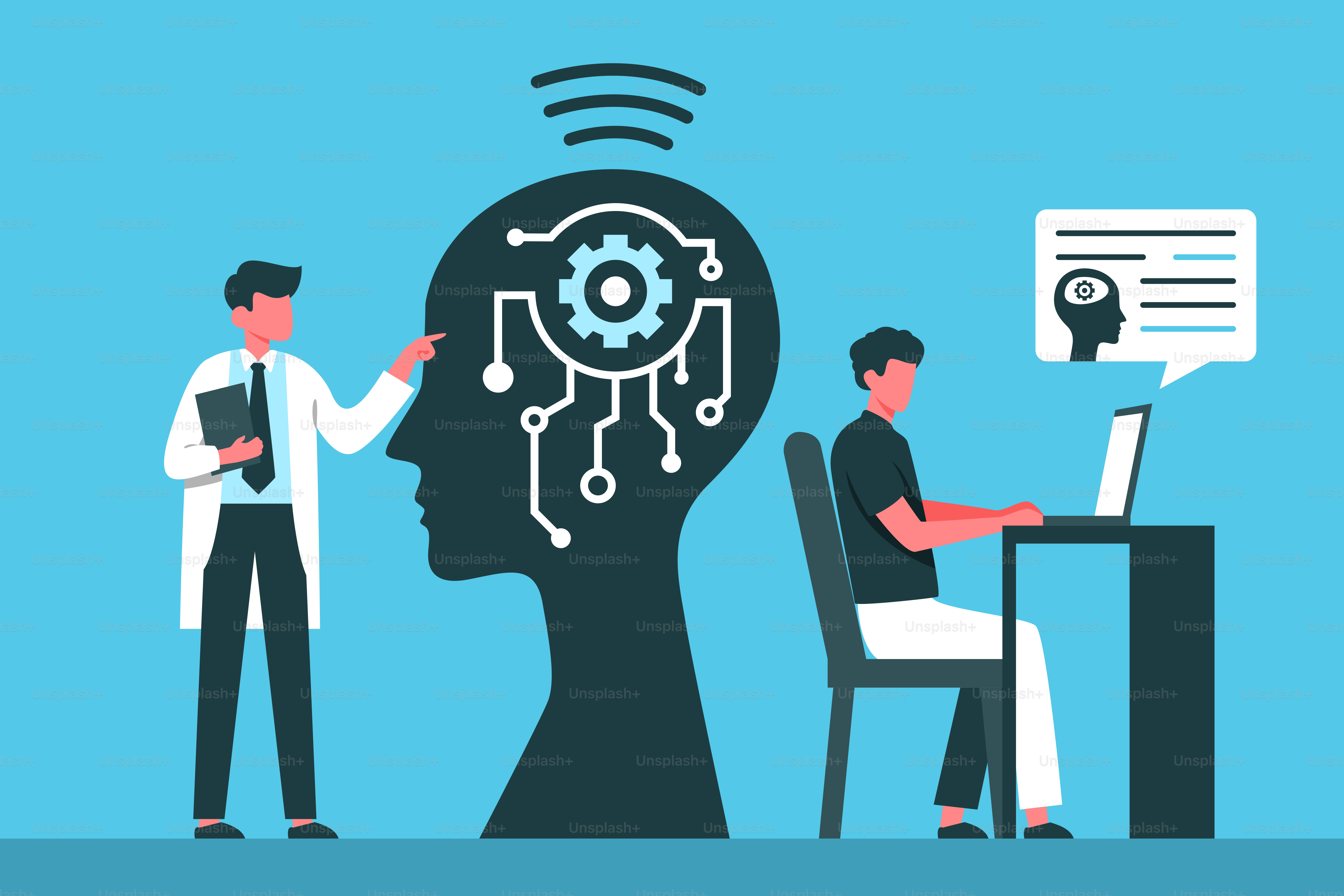 一人の男が机に座り、その前にノートパソコンが置かれ、もう一人の男が