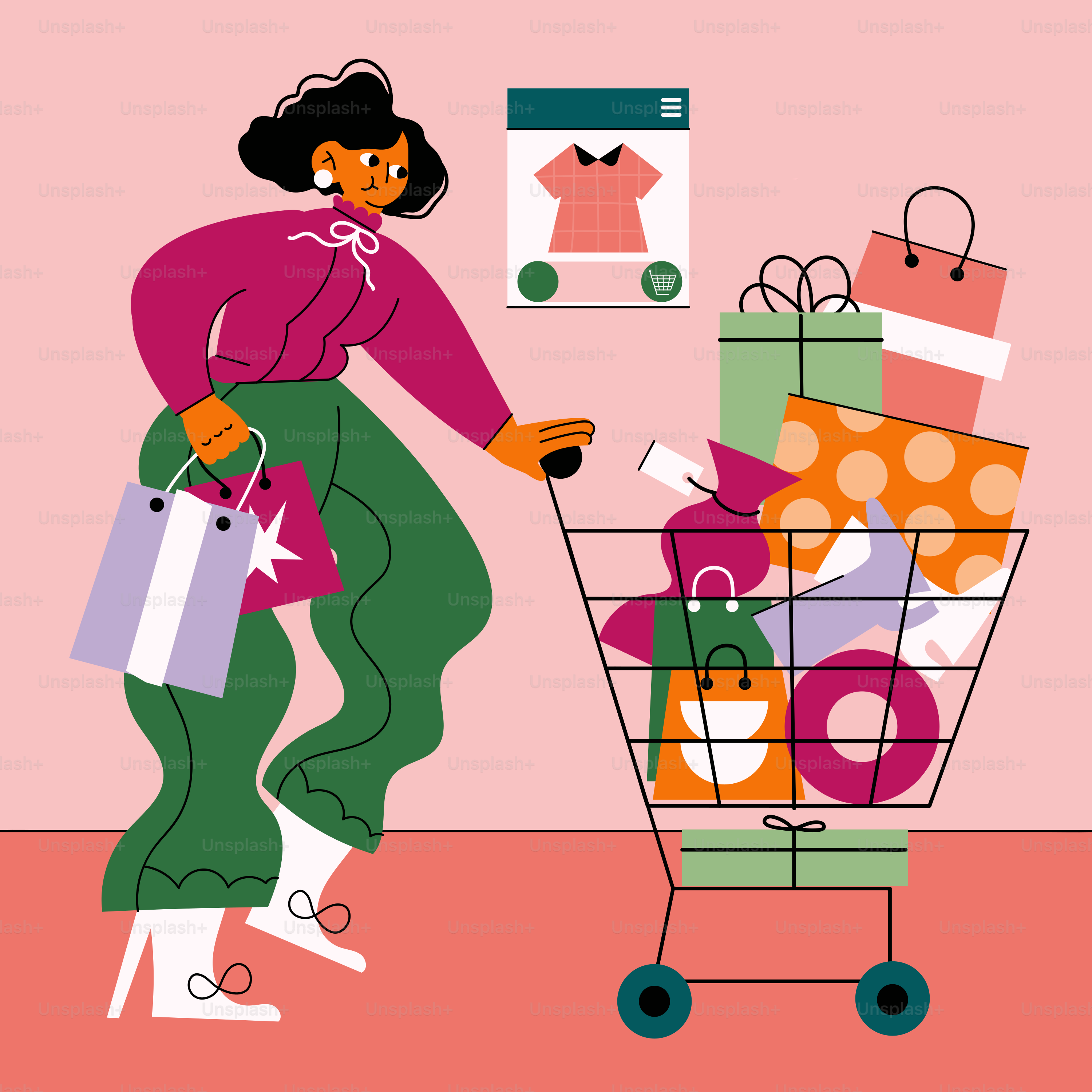 A woman pushing a shopping cart full of items