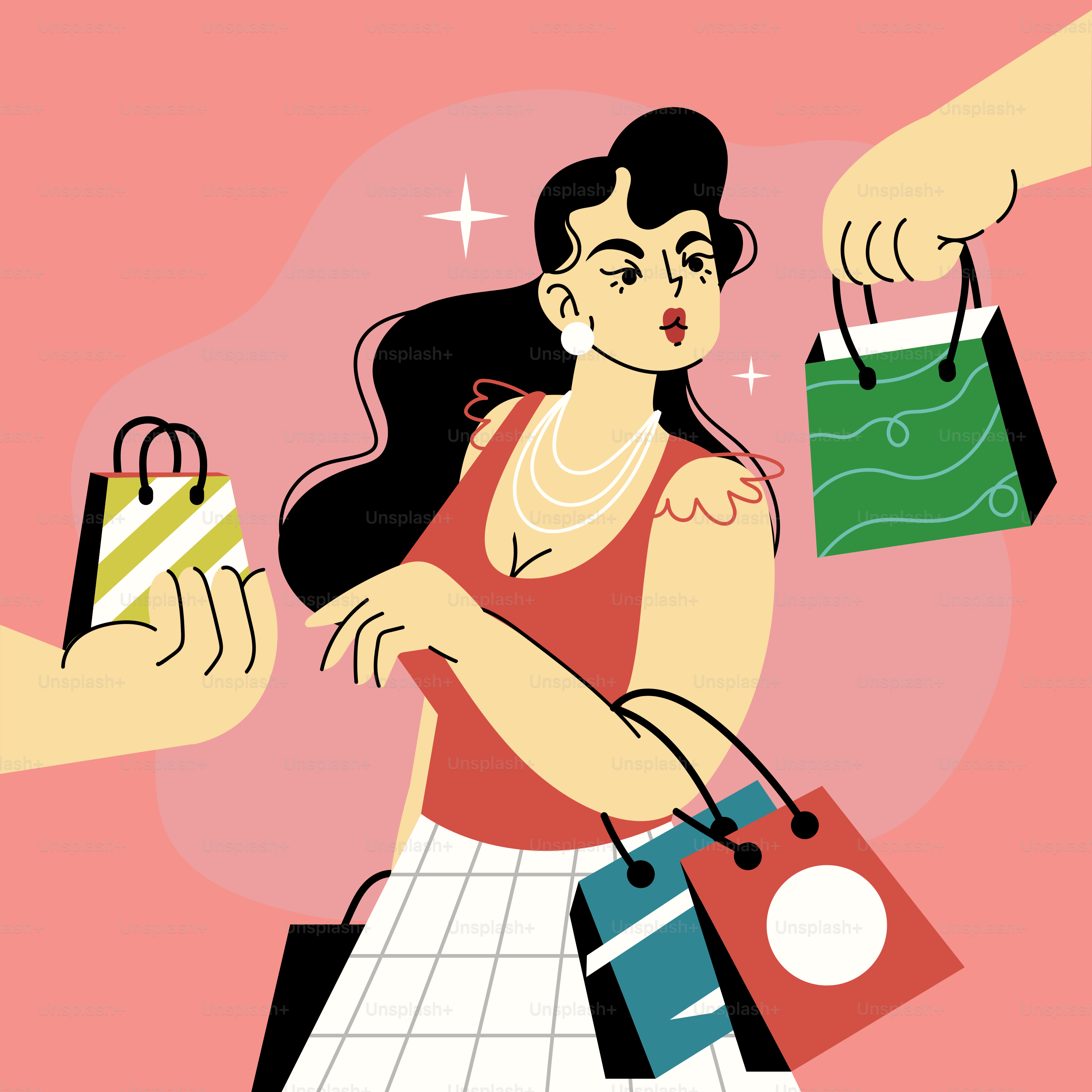 A woman holding shopping bags and a man handing her a bag