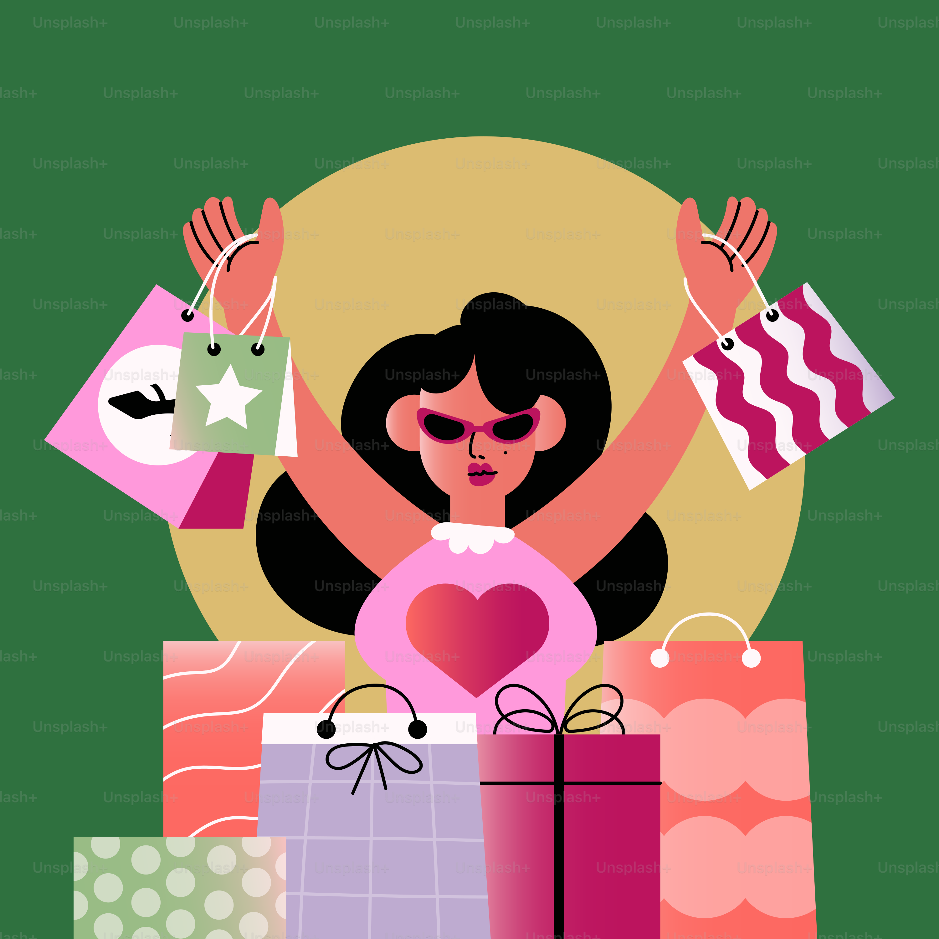 Seorang wanita memegang hati yang dikelilingi oleh tas hadiah