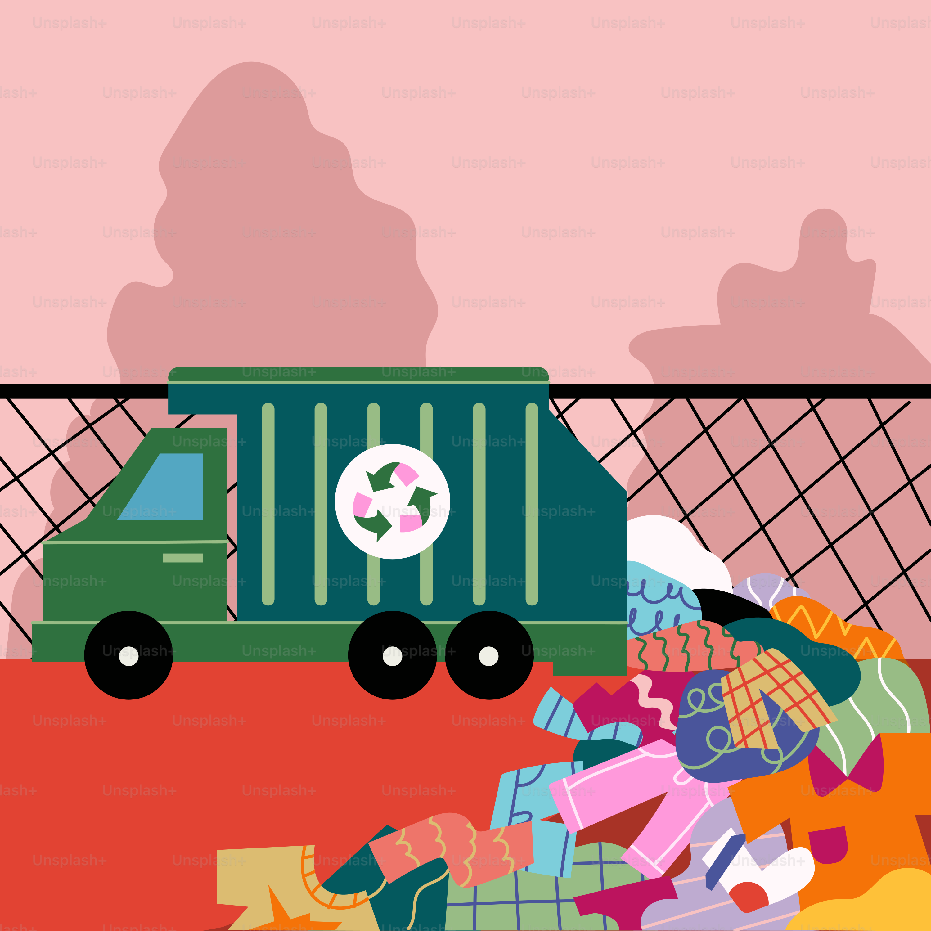 Um caminhão de lixo com uma pilha de lixo na frente dele