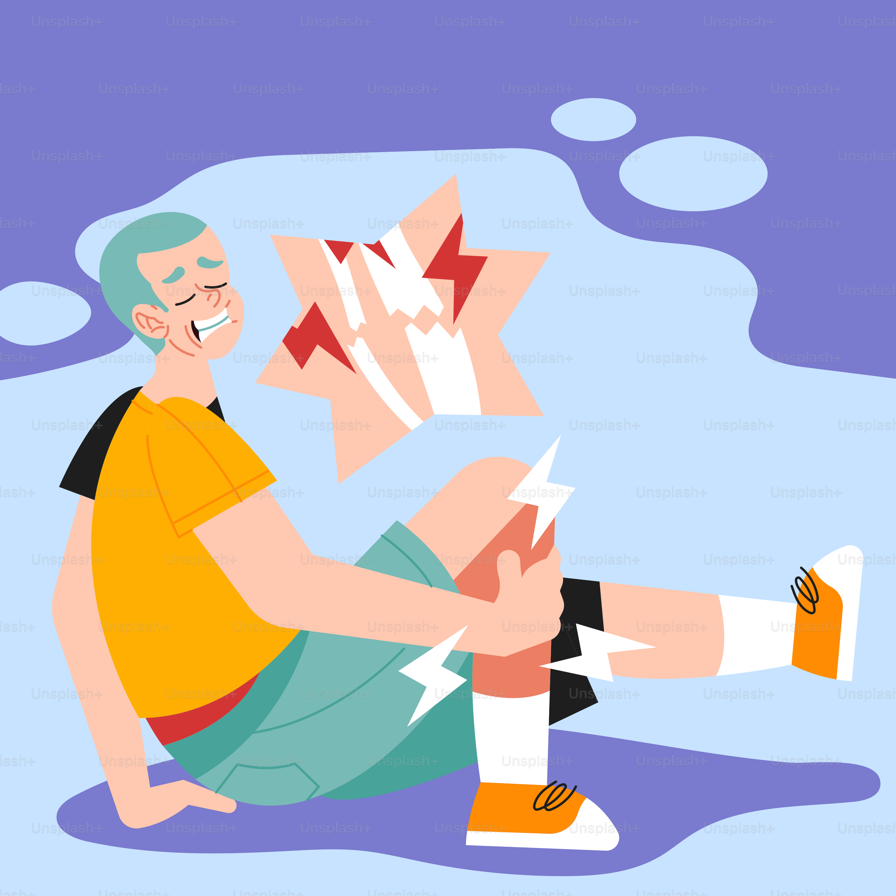 A man sitting on the ground with a broken leg