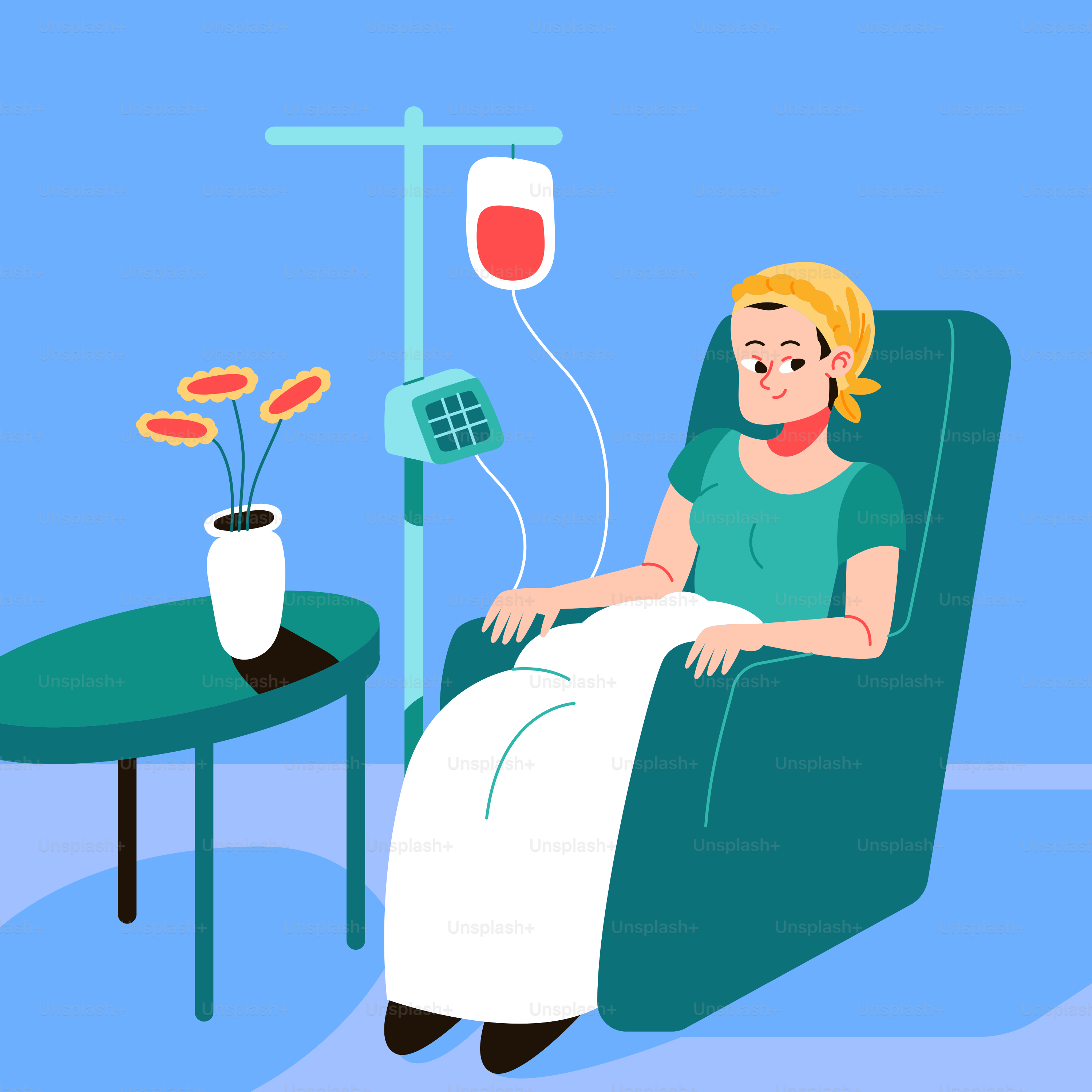 Eine Frau sitzt auf einem Stuhl mit einem Thermometer