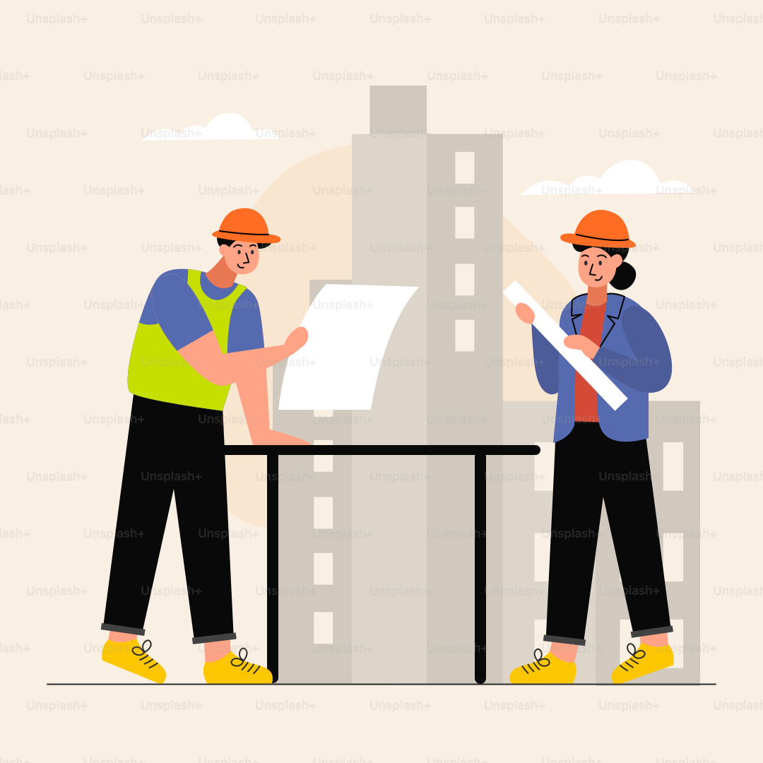 Two men standing at a table with construction plans vector – Architecture  Image on Unsplash, image size:3000x3000