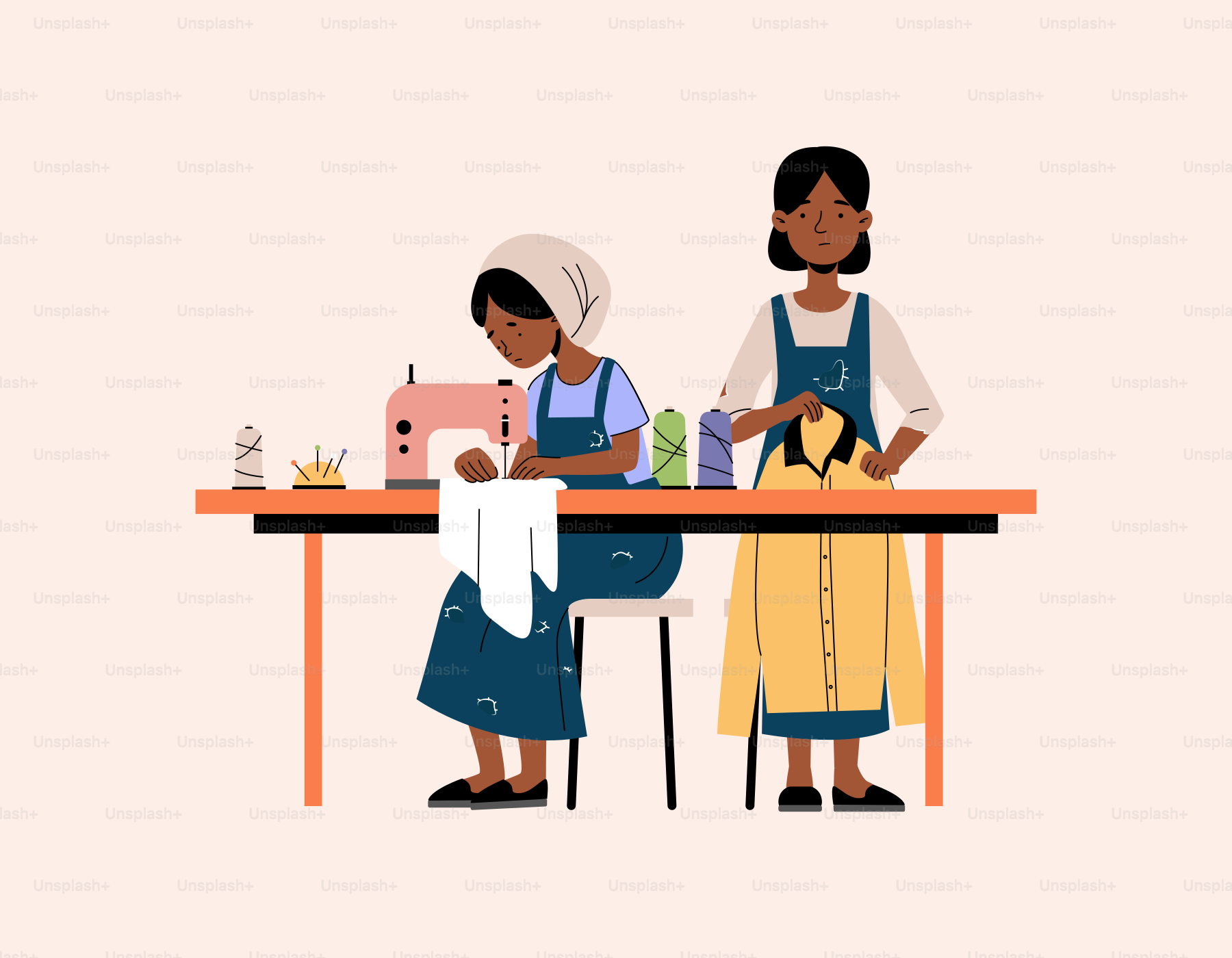 A couple of women sitting at a table with a sewing machine