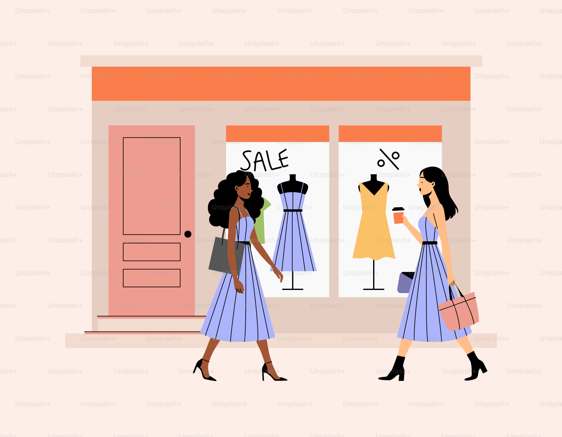 A couple of women walking past a store front