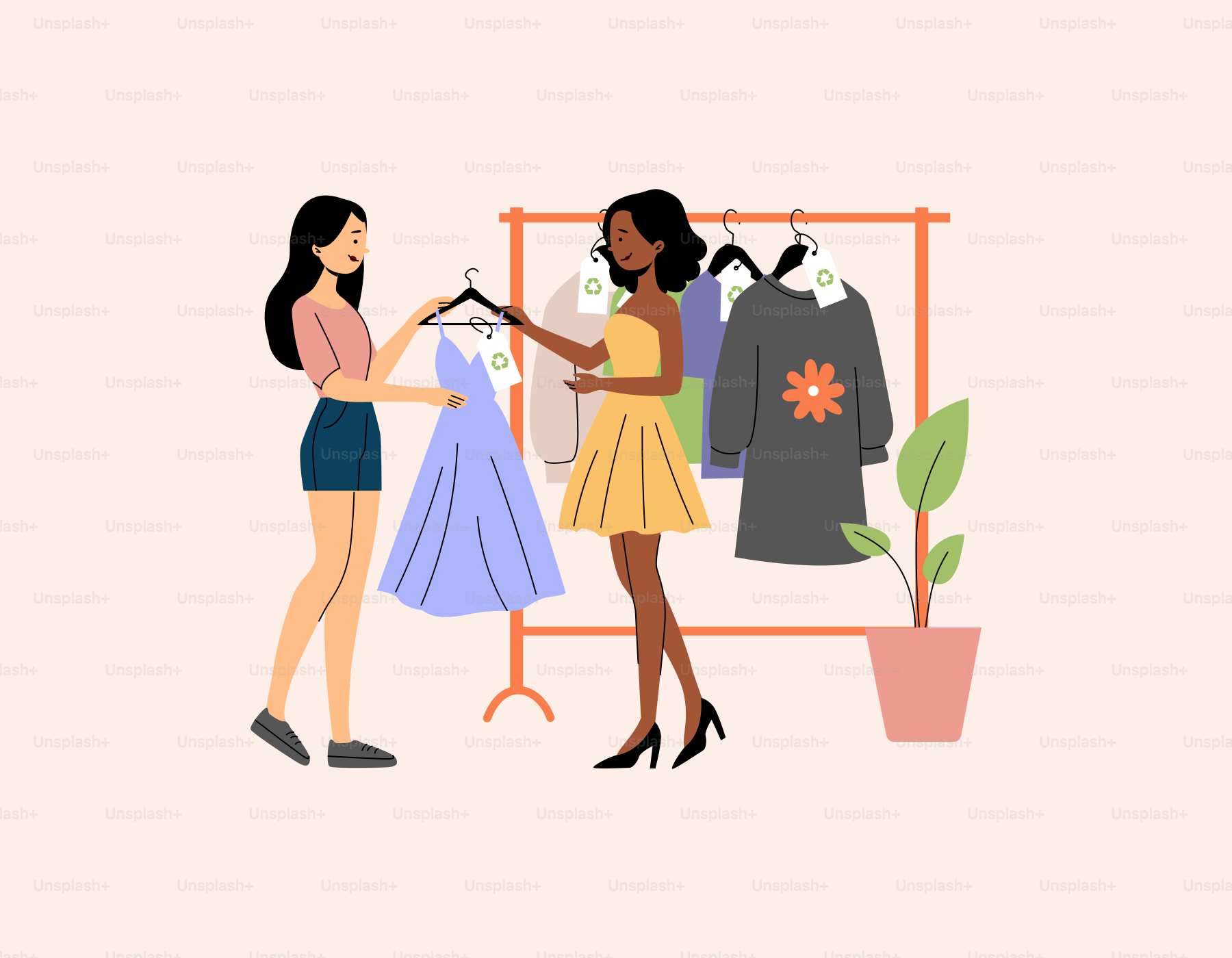 Two women looking at clothes on a rack