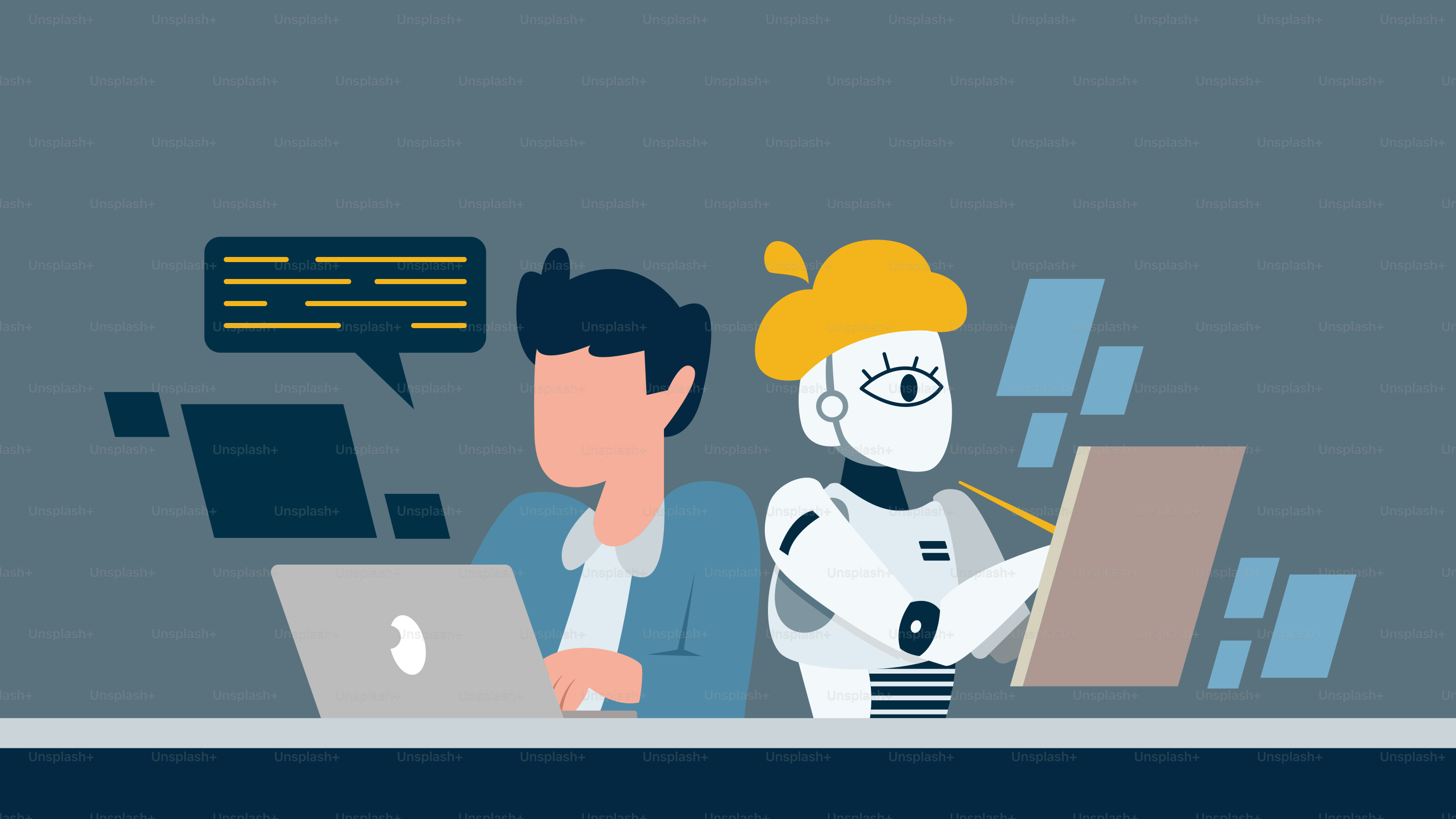 A man sitting in front of a laptop computer next to a robot