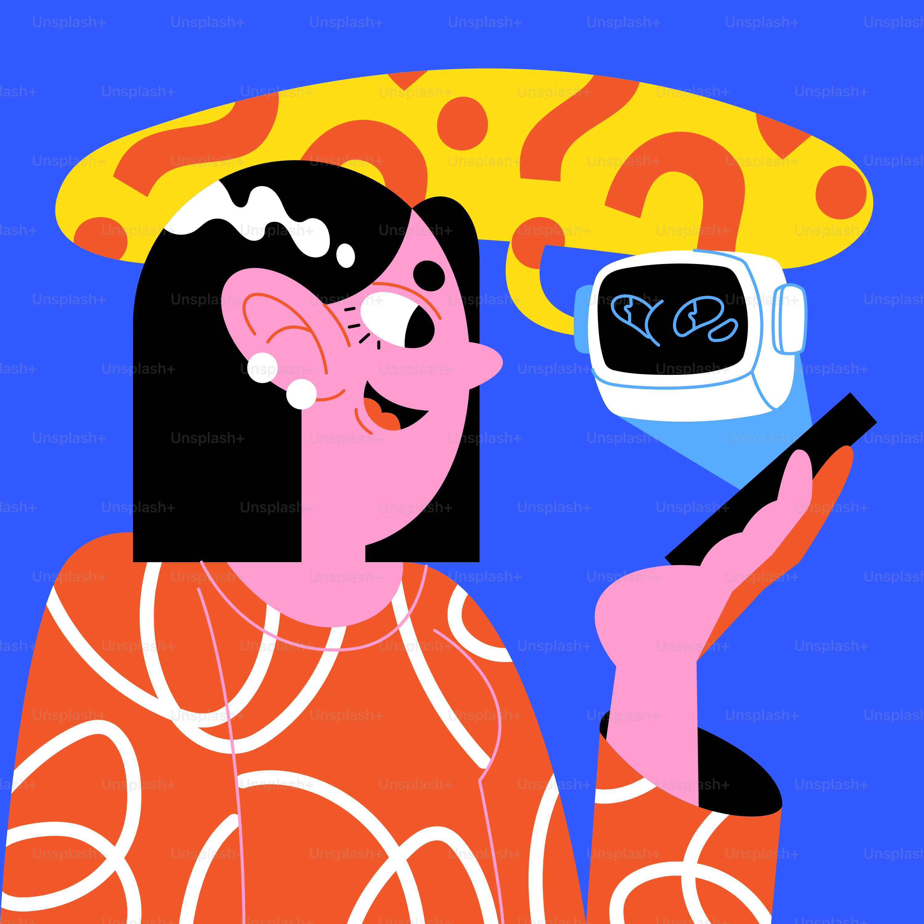 A woman holding a cell phone with a hat on her head