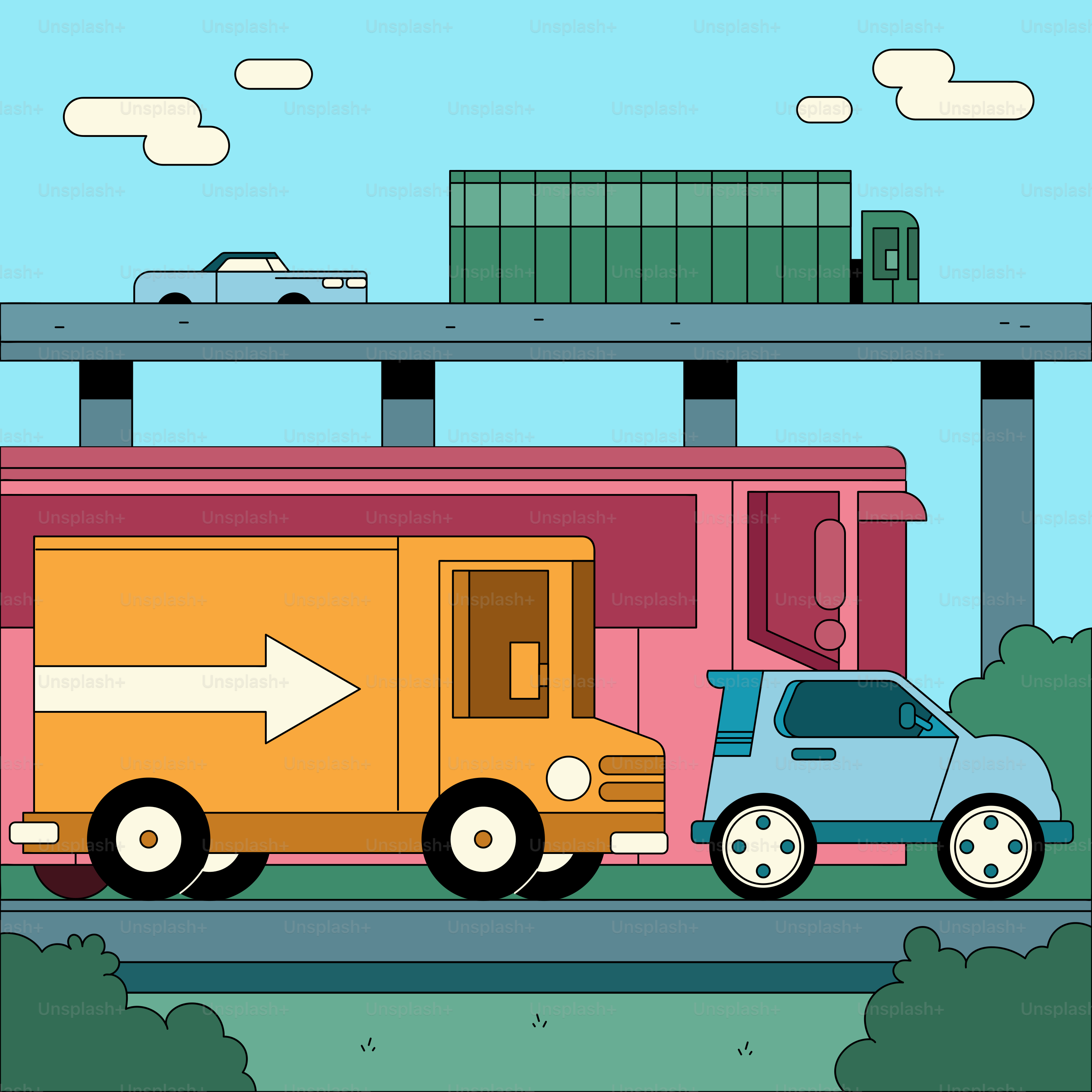 A truck driving down a road next to a car