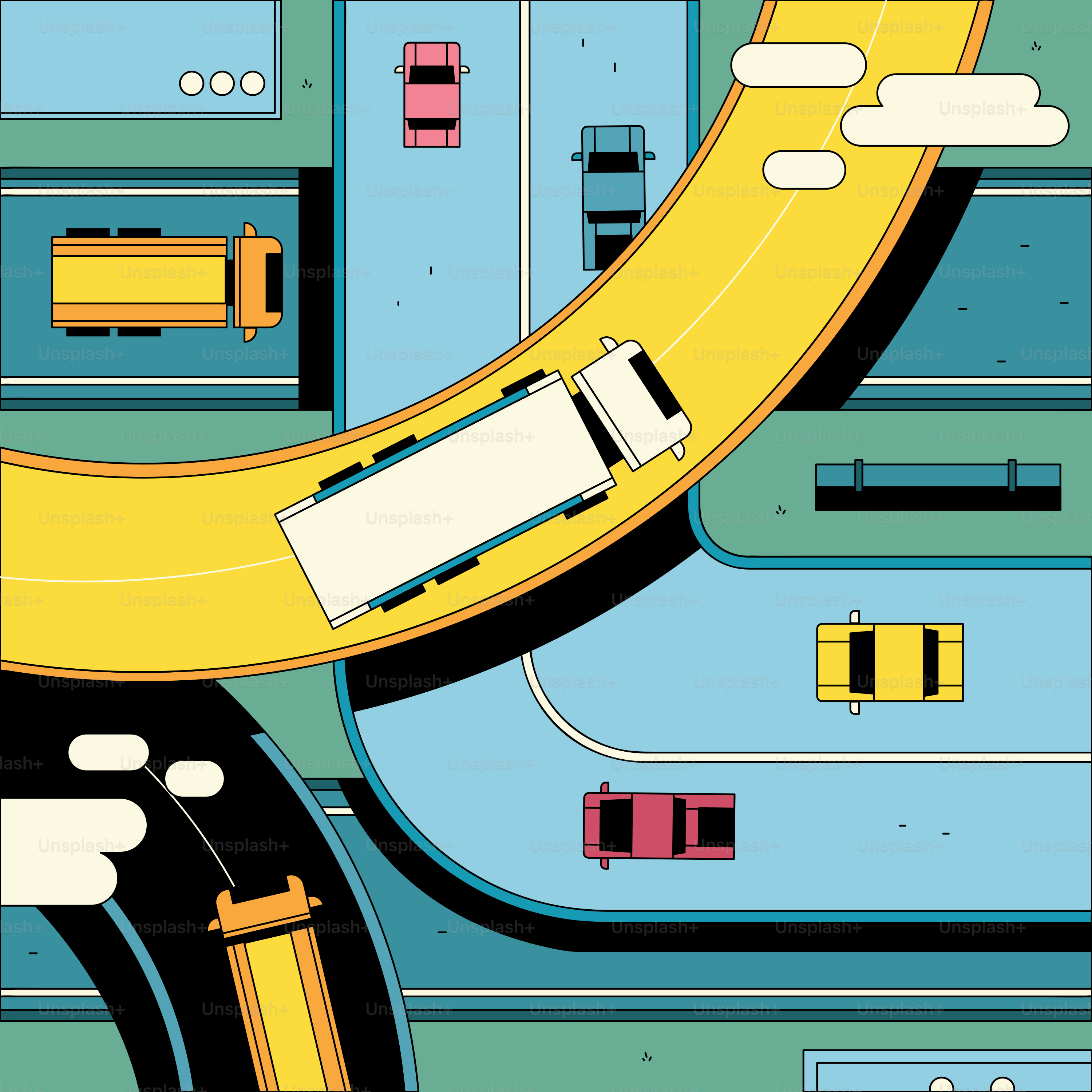 A drawing of a road with a car going through it