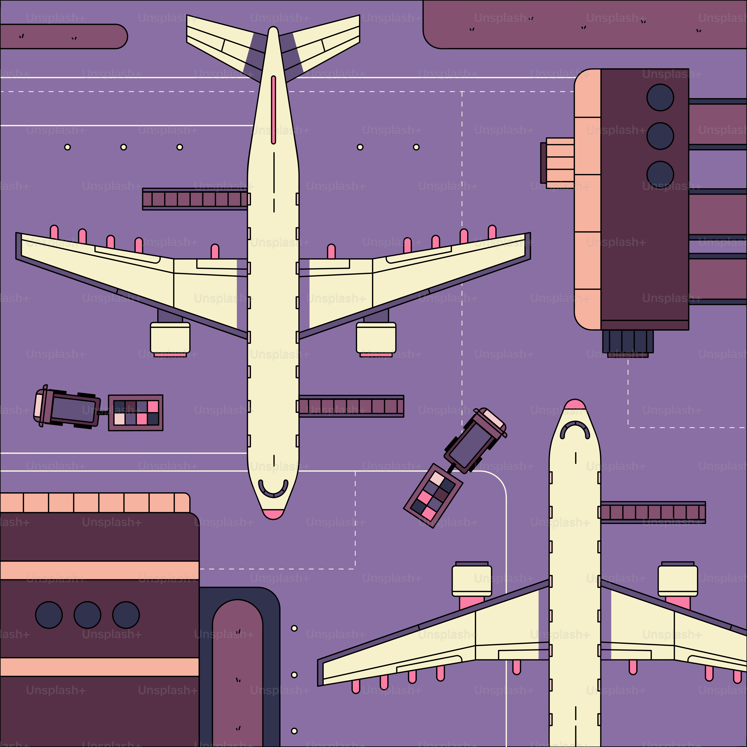 An overhead view of an airport with airplanes and cars