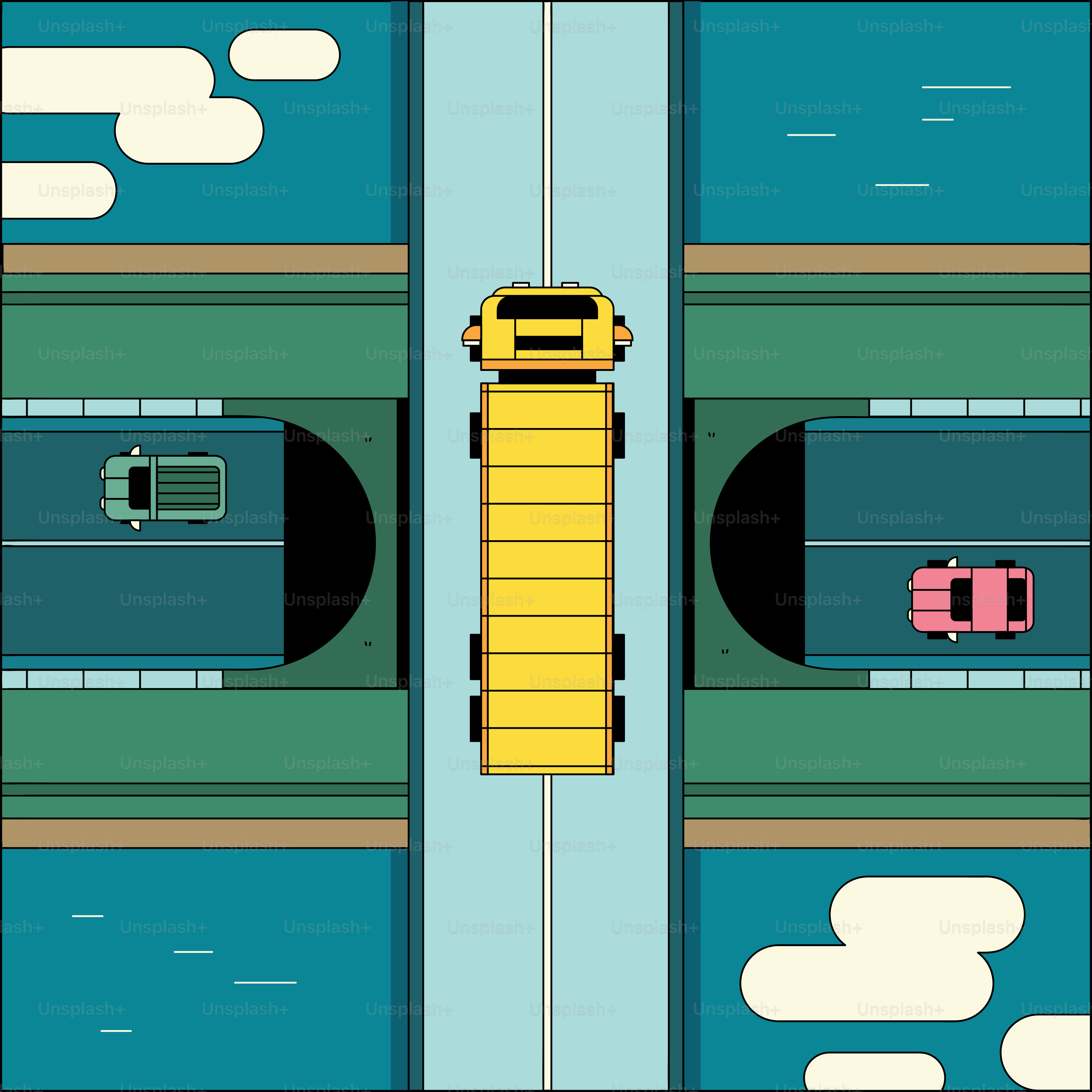 A yellow car driving down a street next to tall buildings