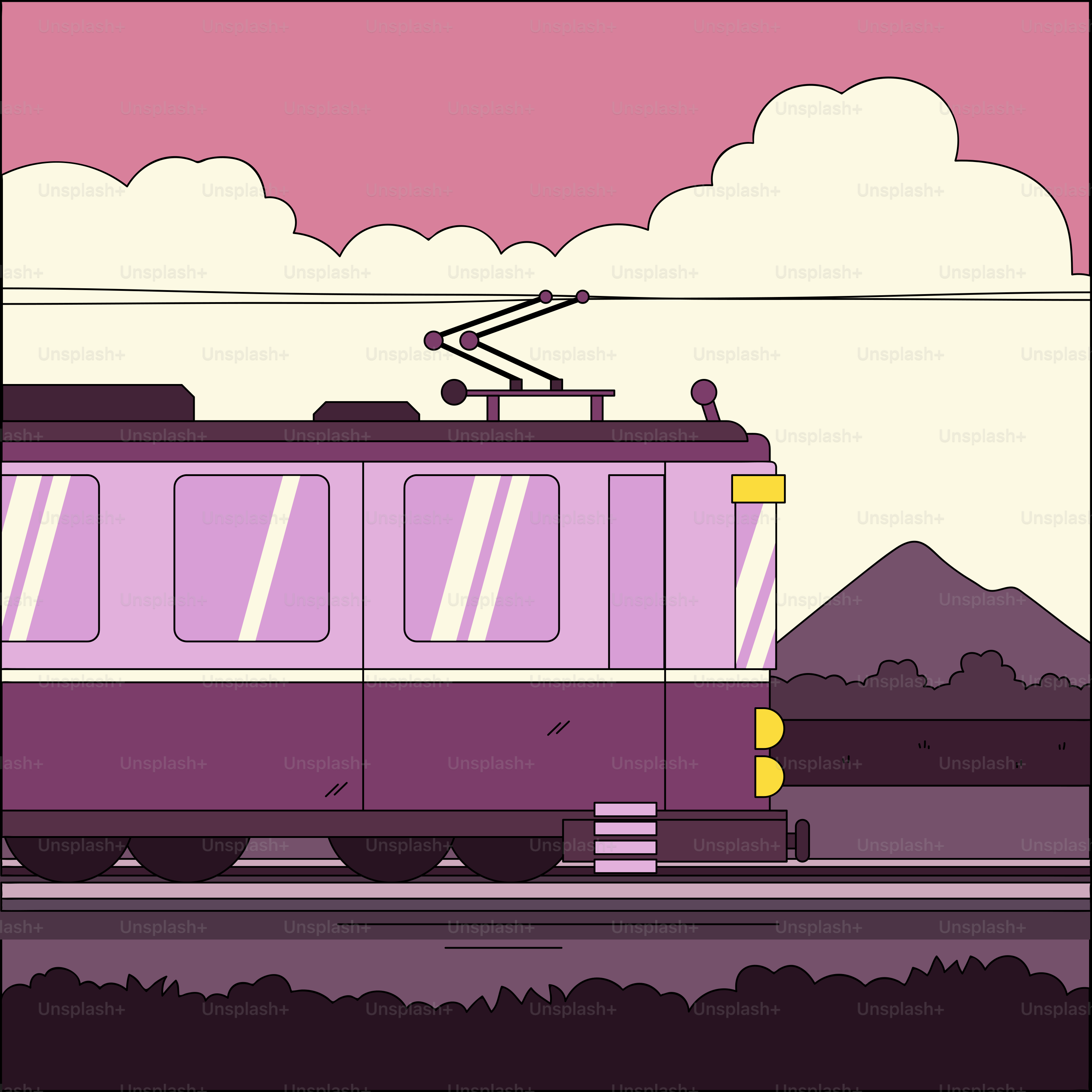 Um trem roxo descendo trilhos ao lado de uma montanha