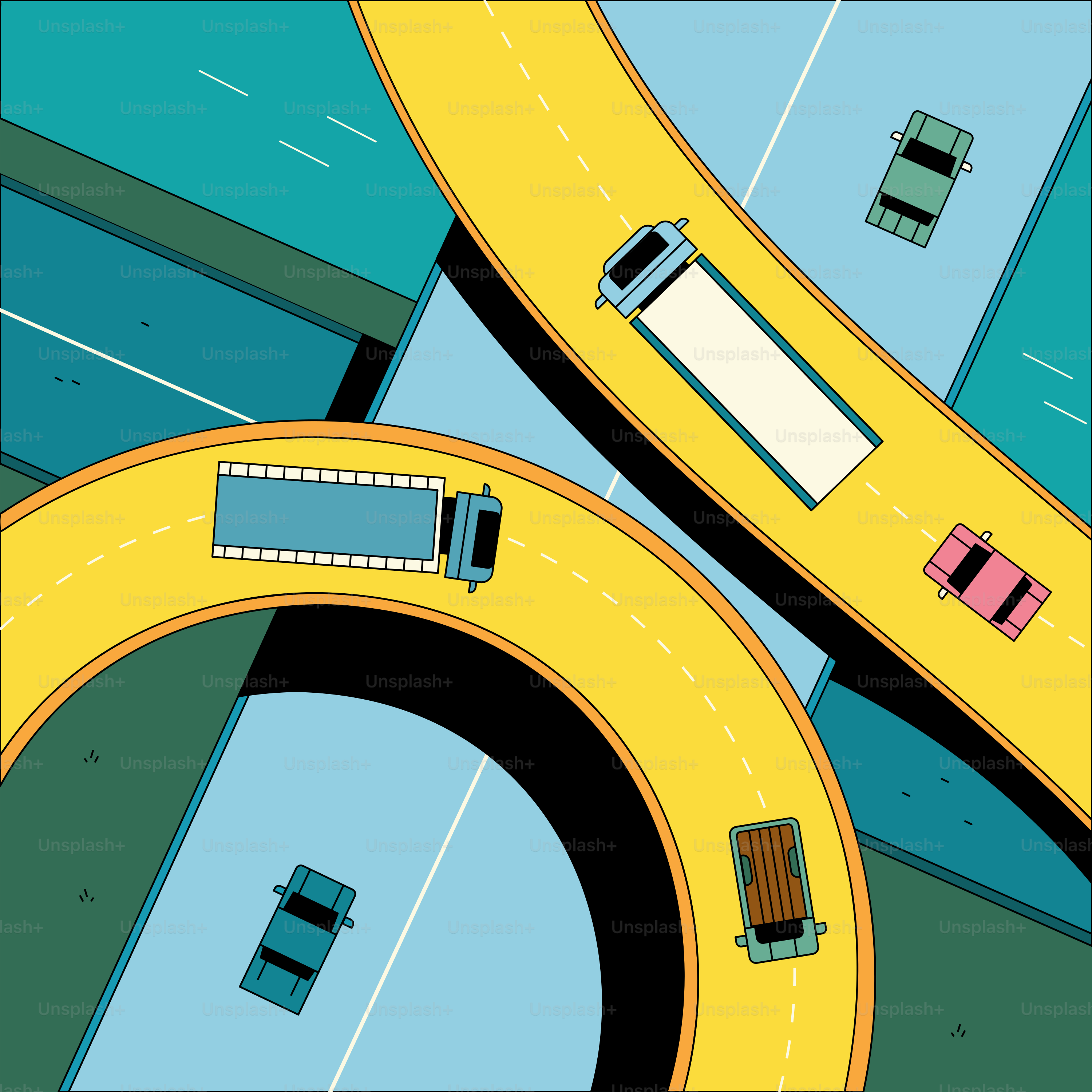 A drawing of a road with cars going through a tunnel