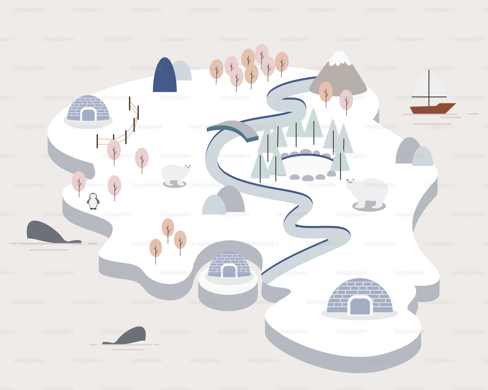 Eine Karte eines verschneiten Gebiets mit einem Boot im Wasser