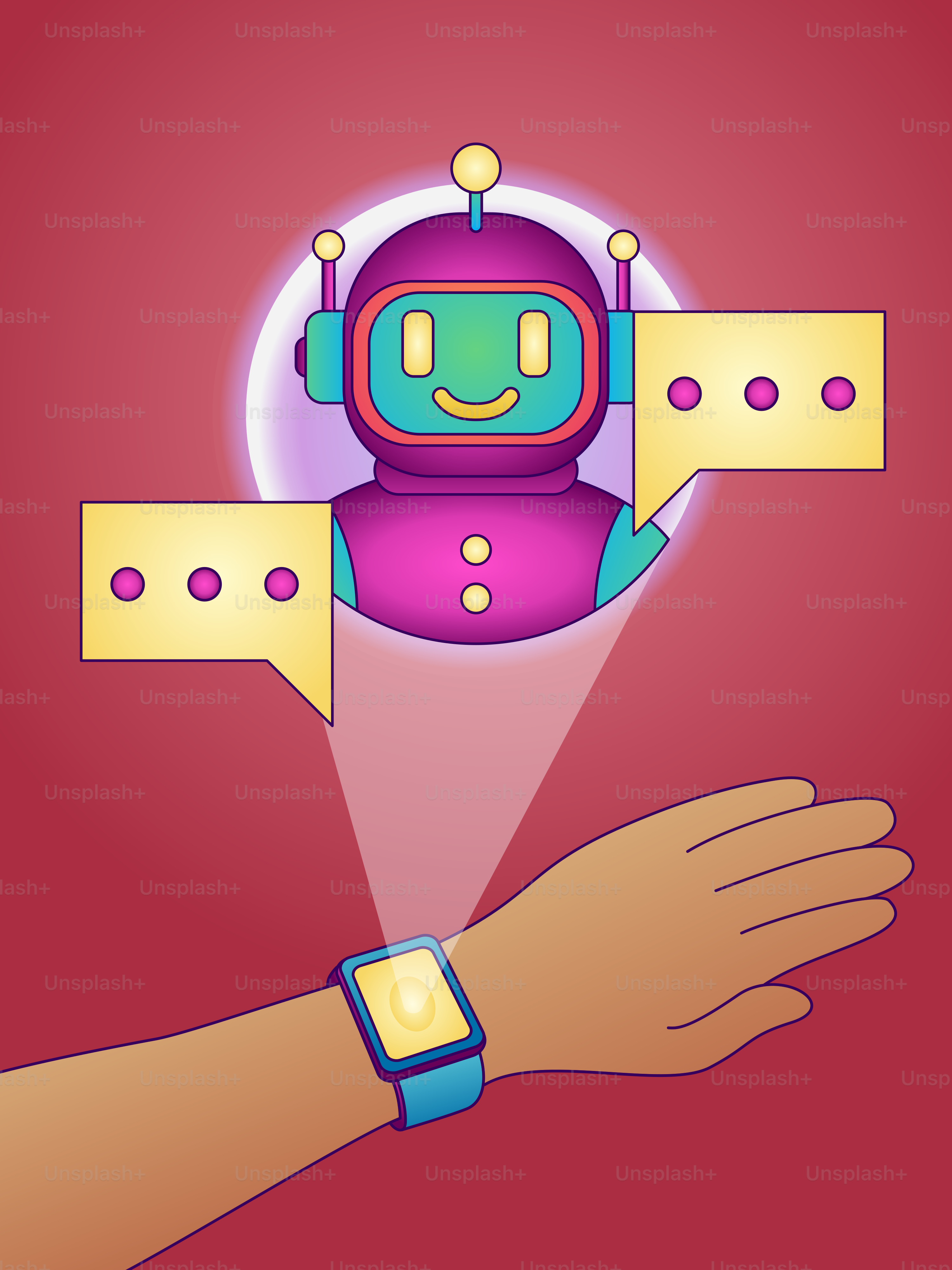 Eine Hand, die eine Smartwatch mit einem Roboter darauf hält