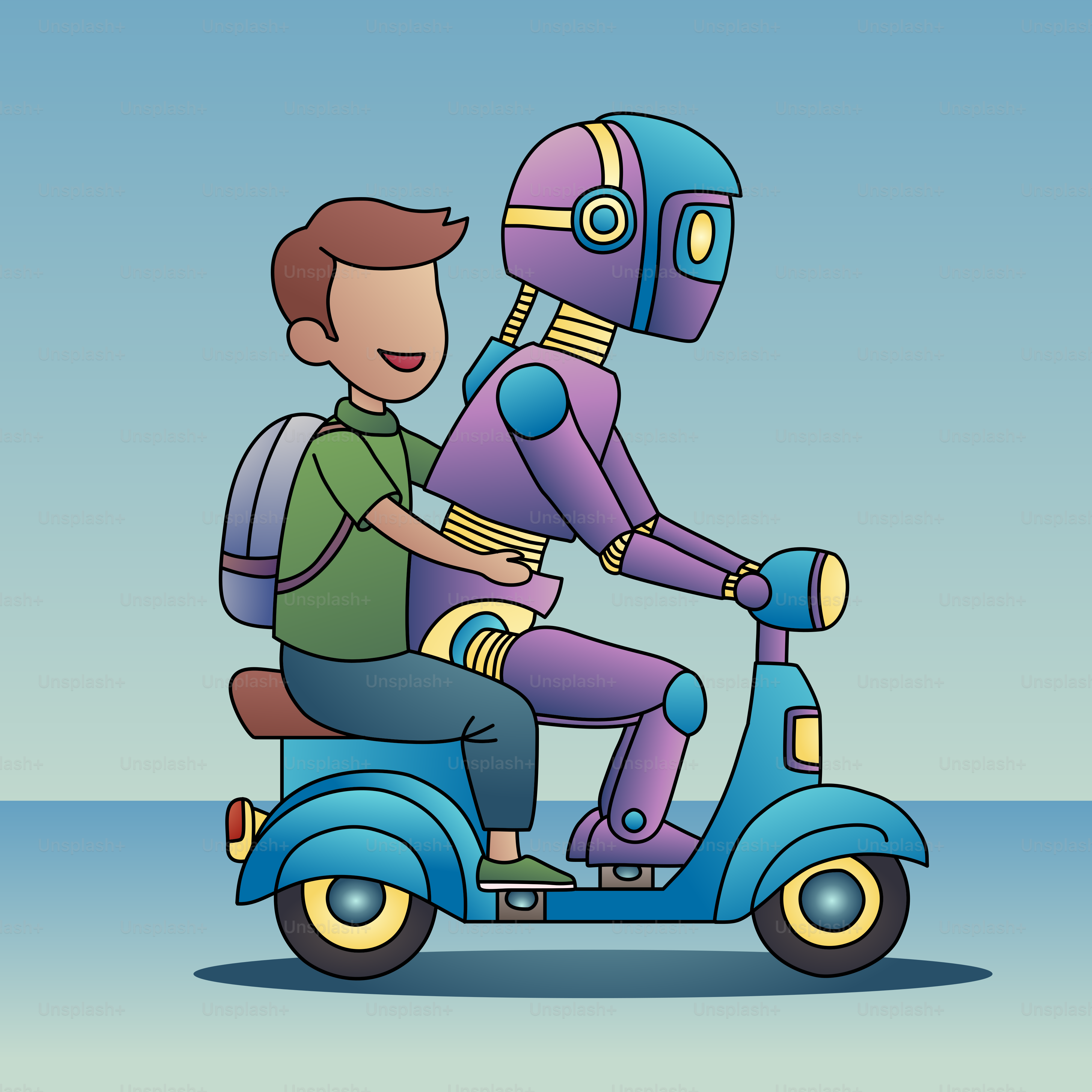 Ein Mann, der auf einem Roller fährt, auf dem ein Roboter sitzt