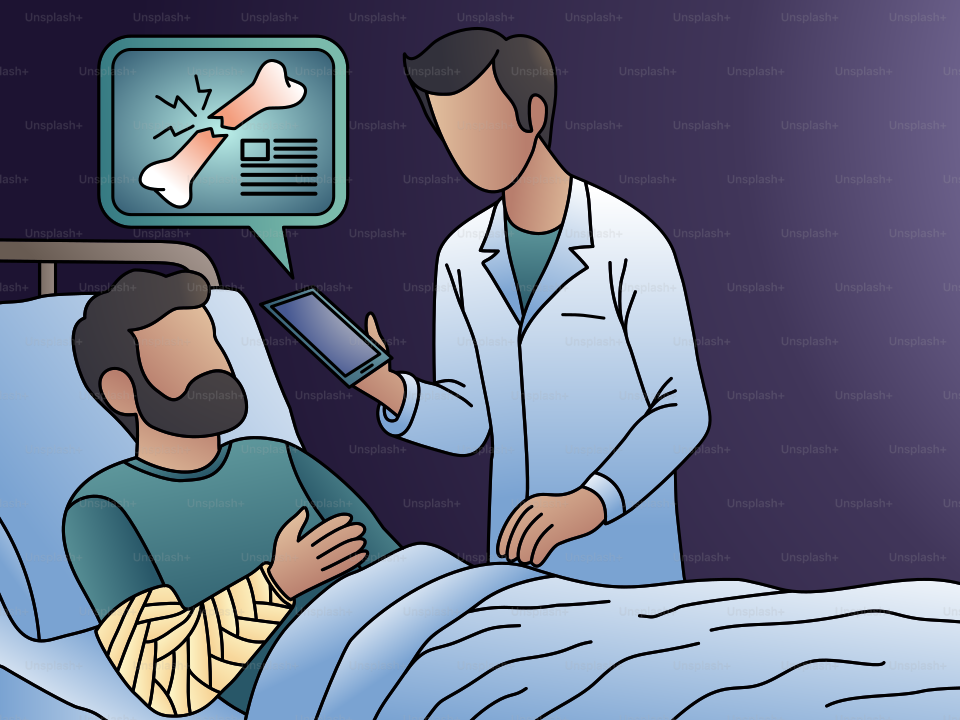 A man in a hospital bed being examined by a doctor