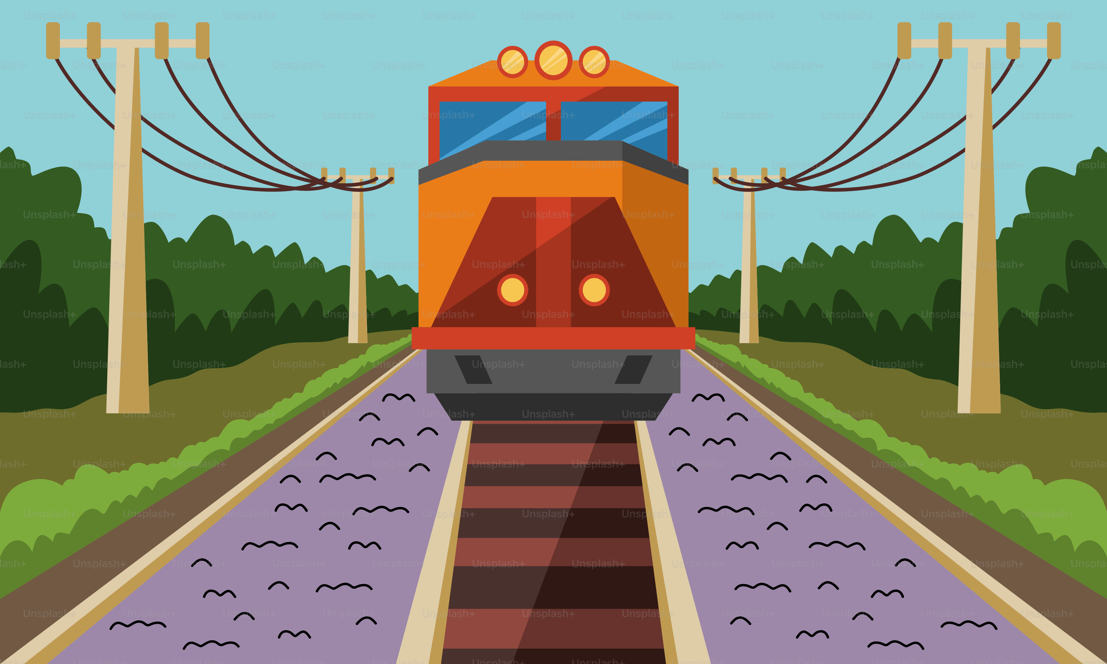 A red train traveling down train tracks next to power lines