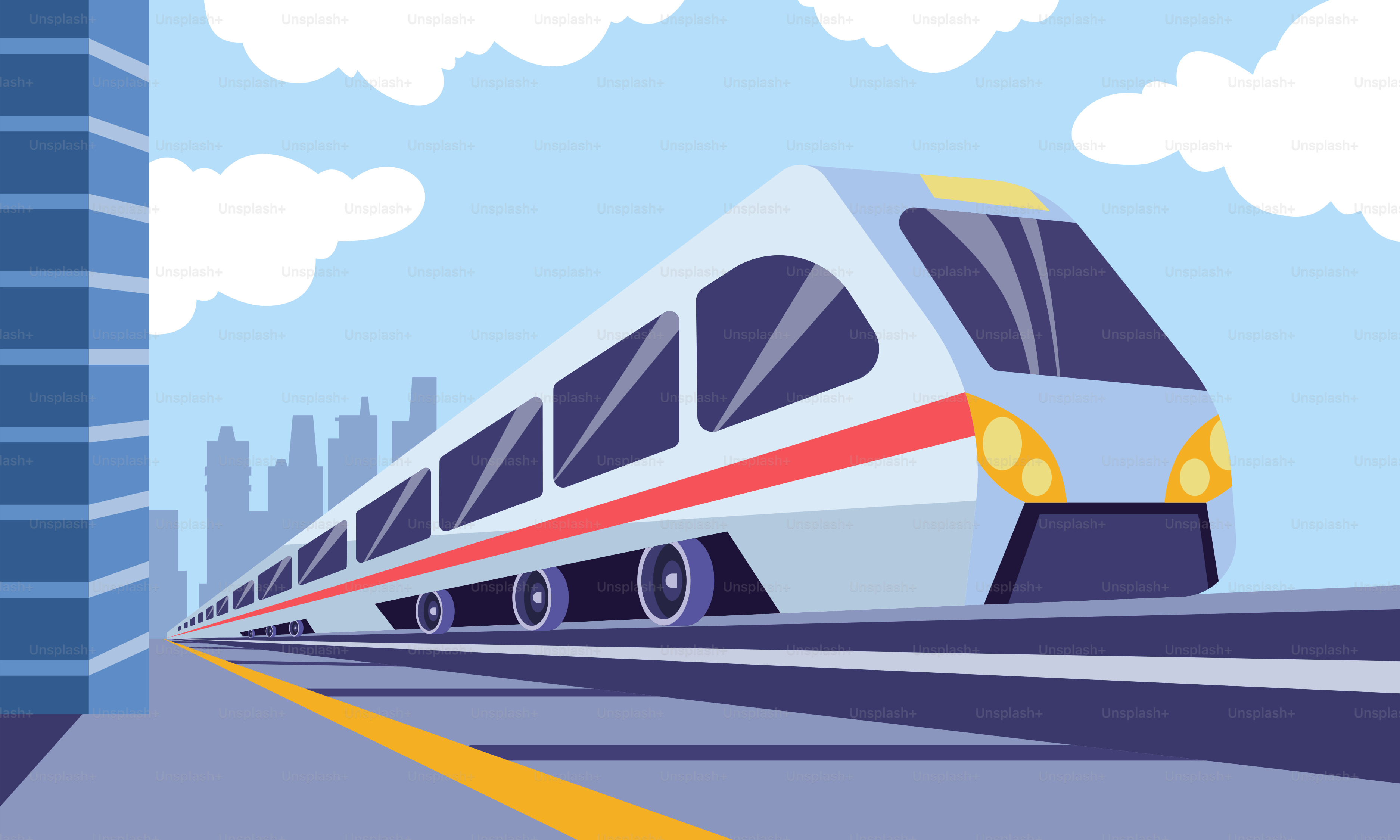 A train traveling through a city next to tall buildings