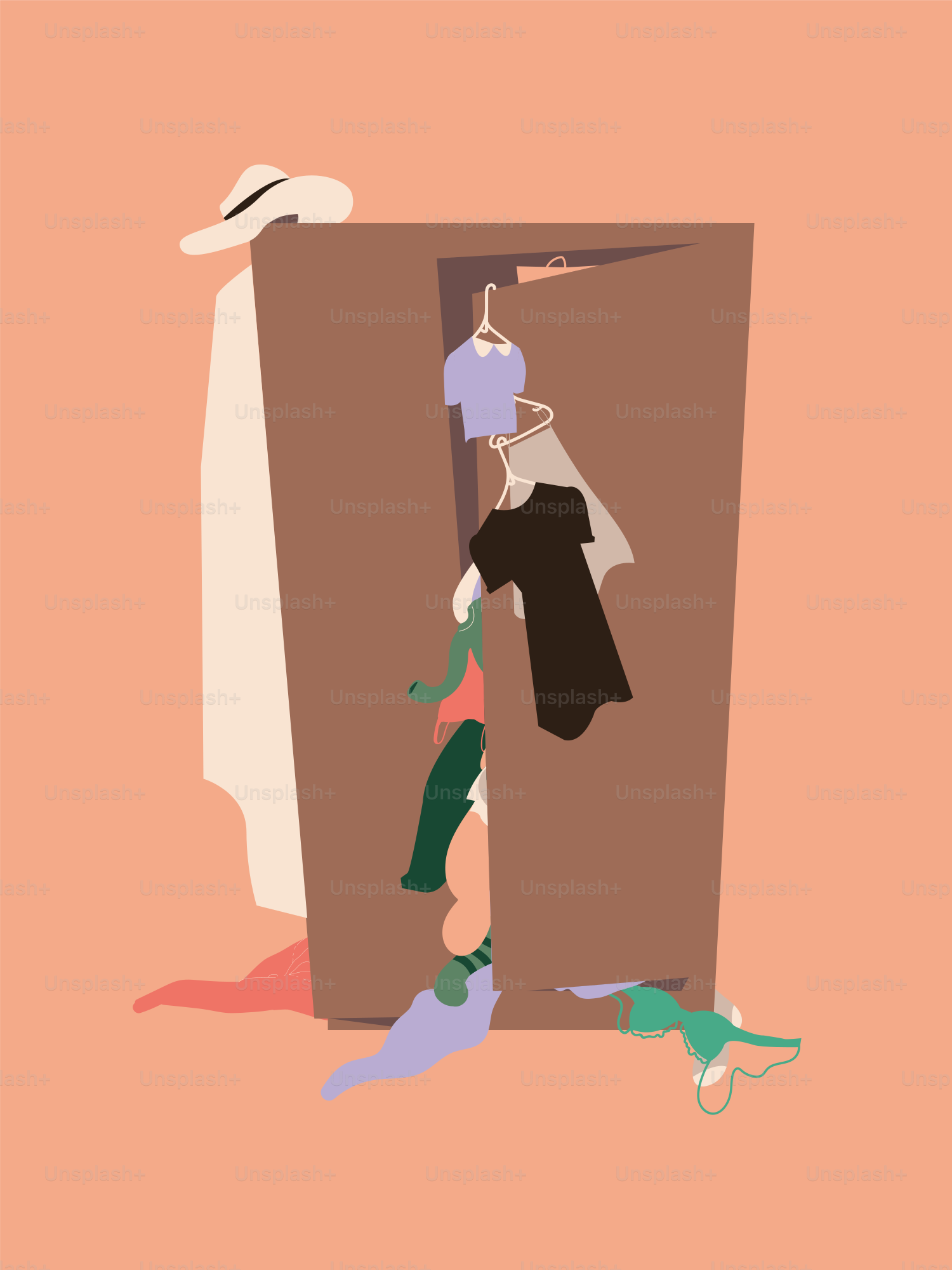 An illustration of a woman's dress hanging on a door