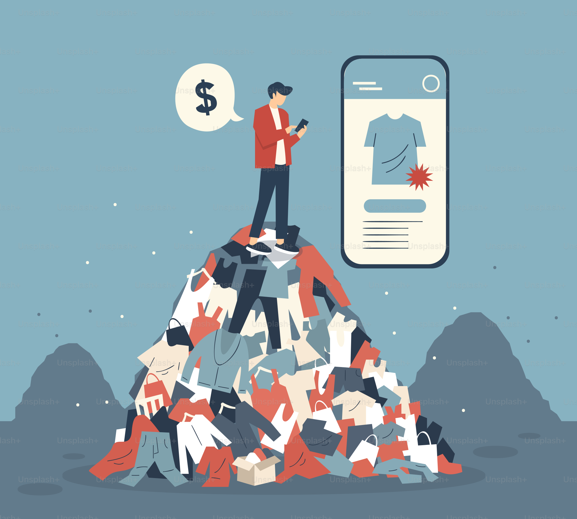 A man standing on top of a pile of shirts