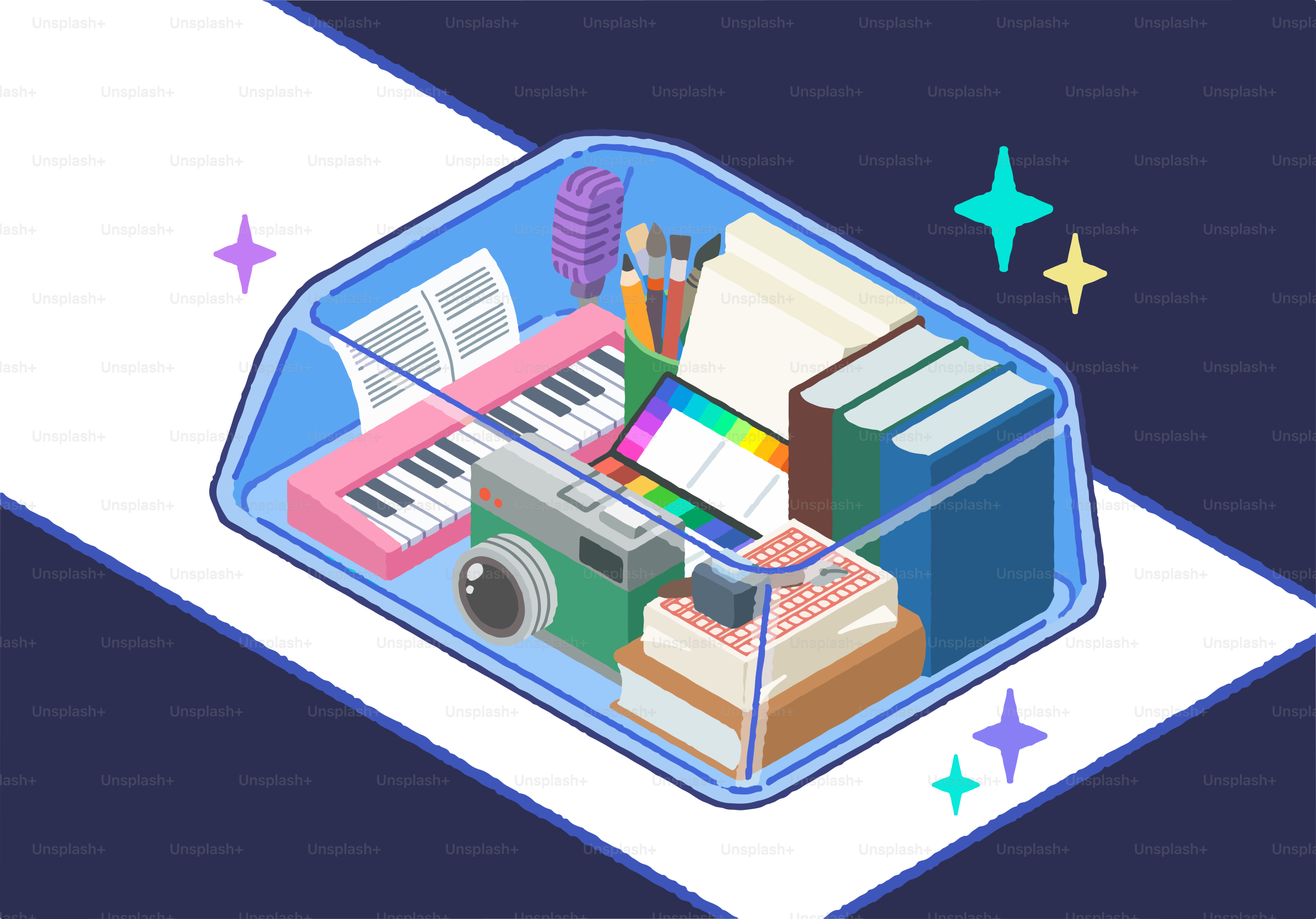 A picture of a box with a keyboard and other items inside of it