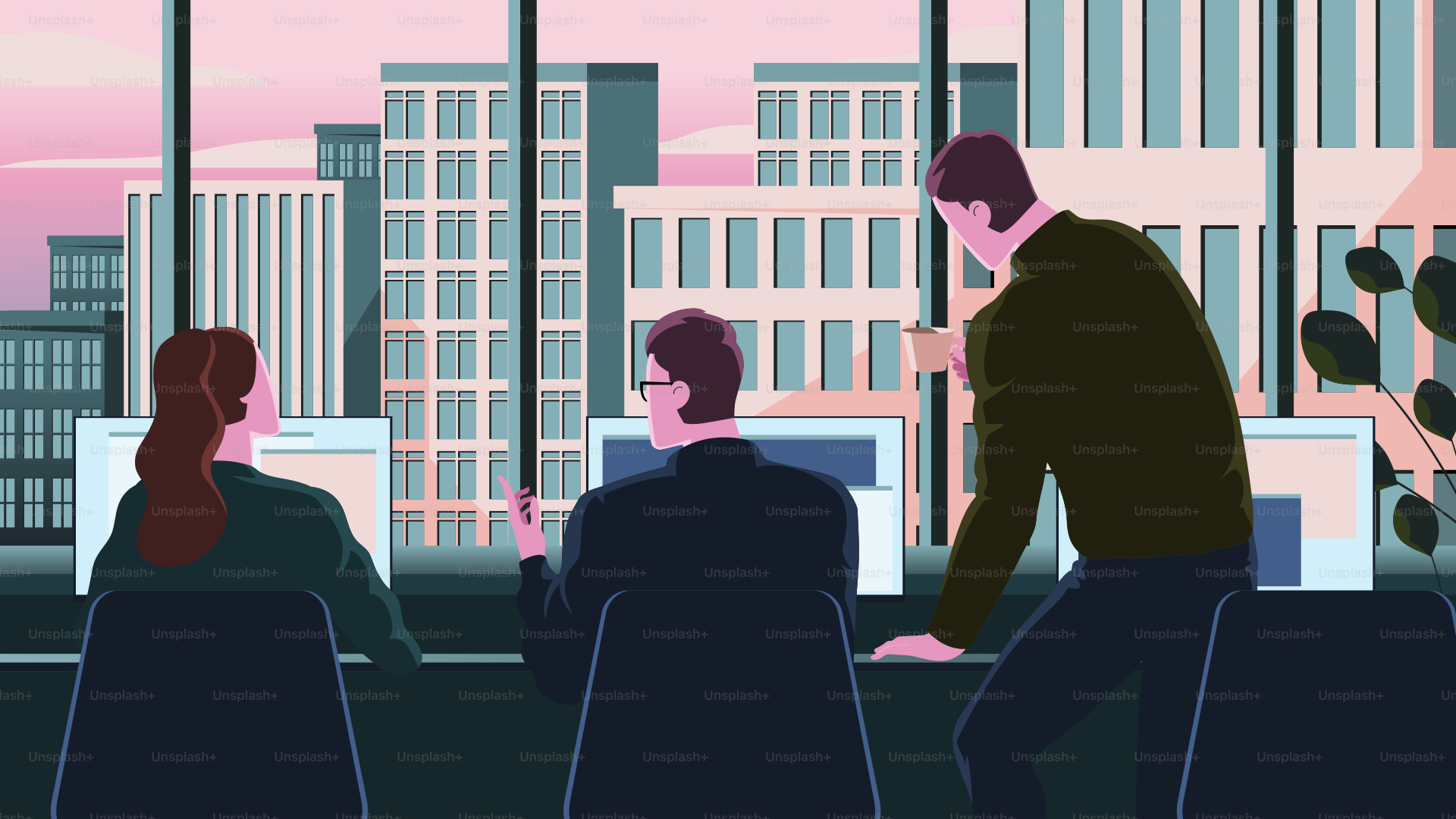 A group of people sitting at a table in front of a window