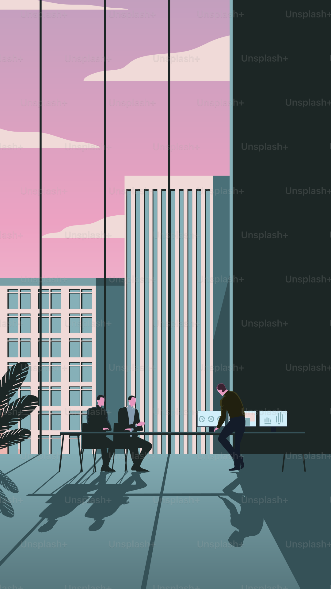 A group of people sitting at a table in front of tall buildings