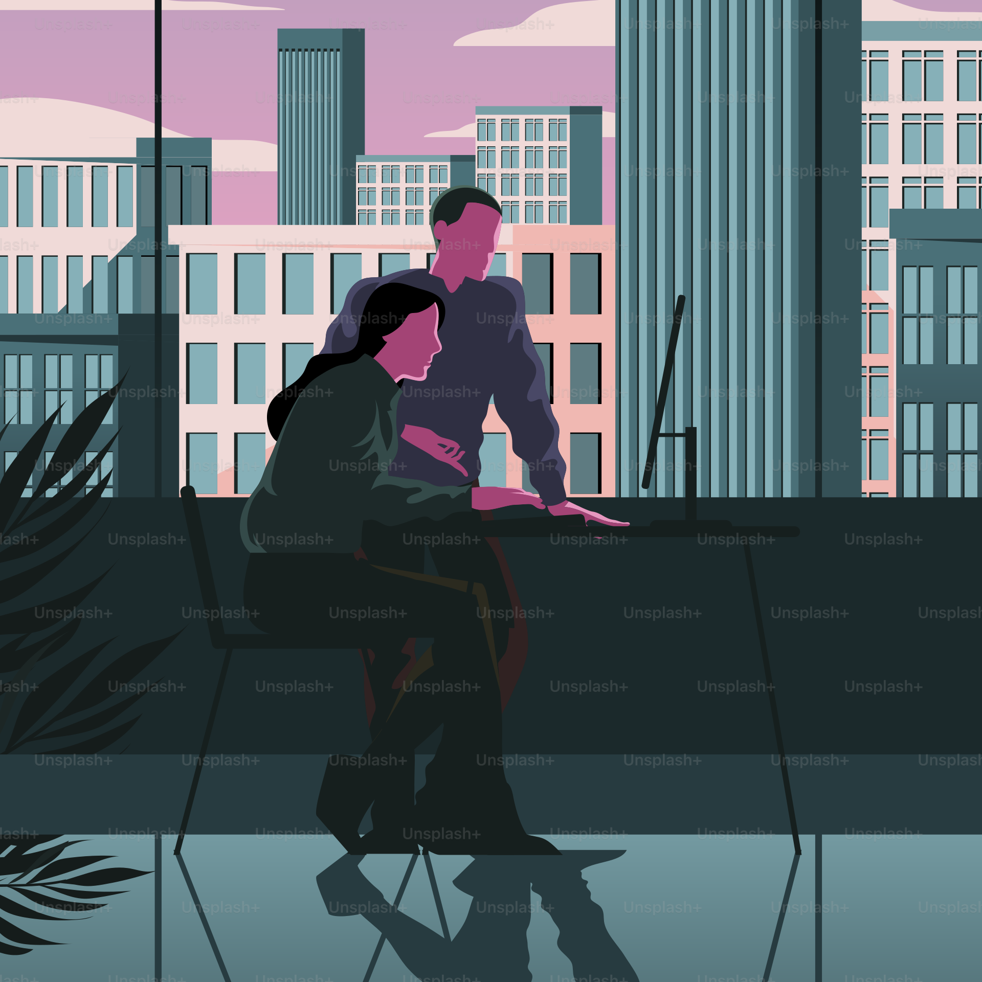 Un homme et une femme assis à une table devant un paysage urbain