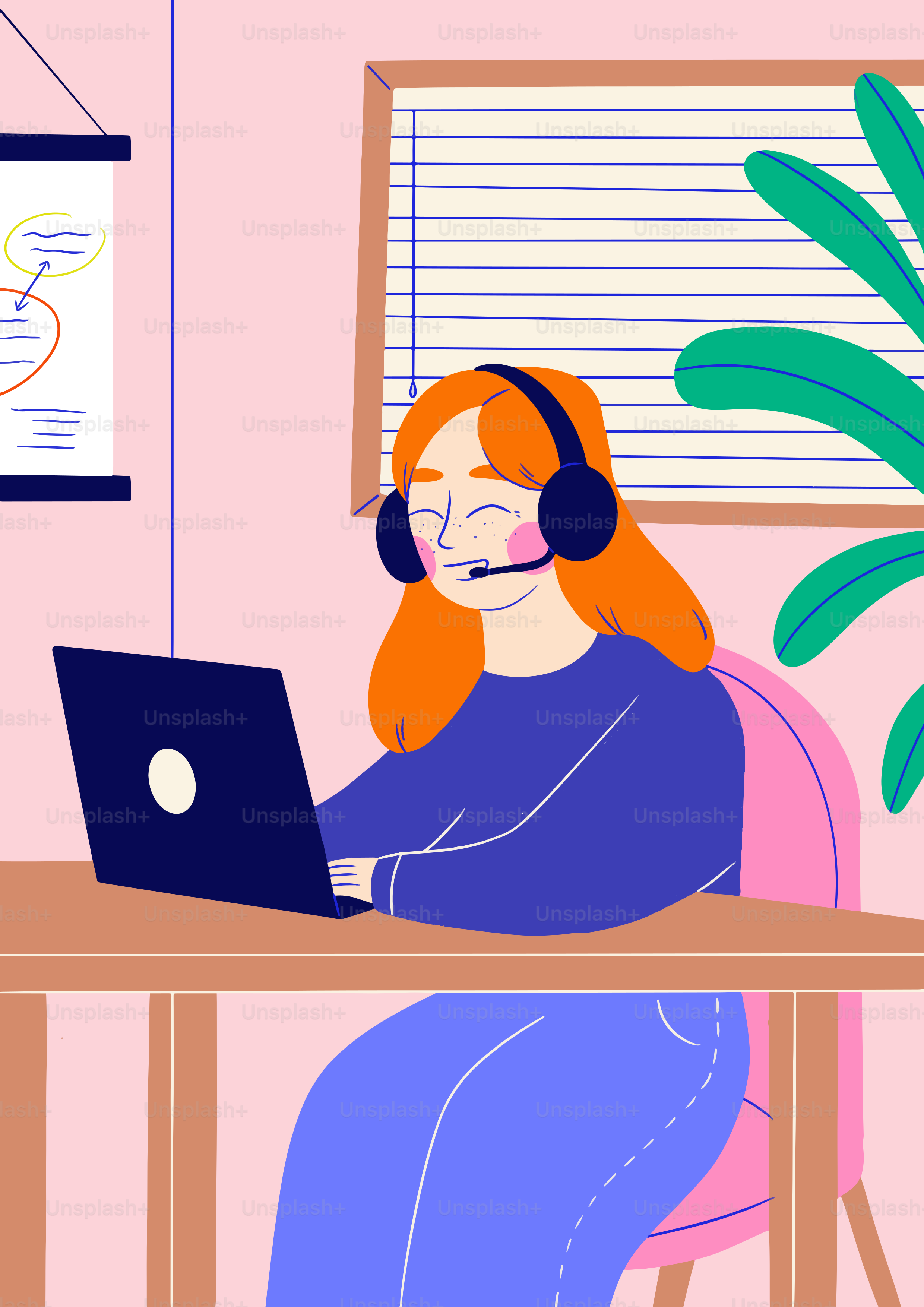 Une femme assise à un bureau avec un ordinateur portable et un casque