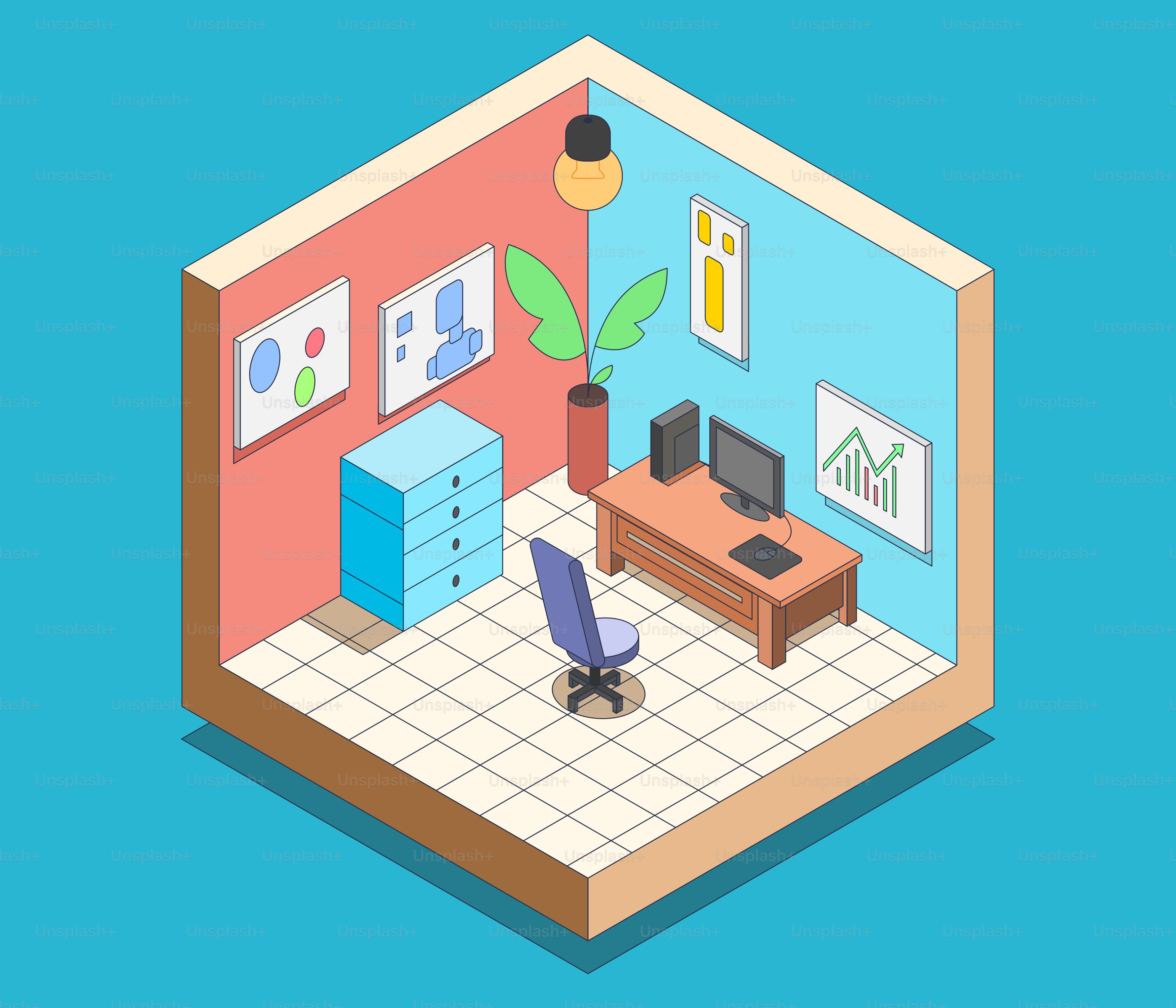 Uma sala com uma mesa e uma cadeira