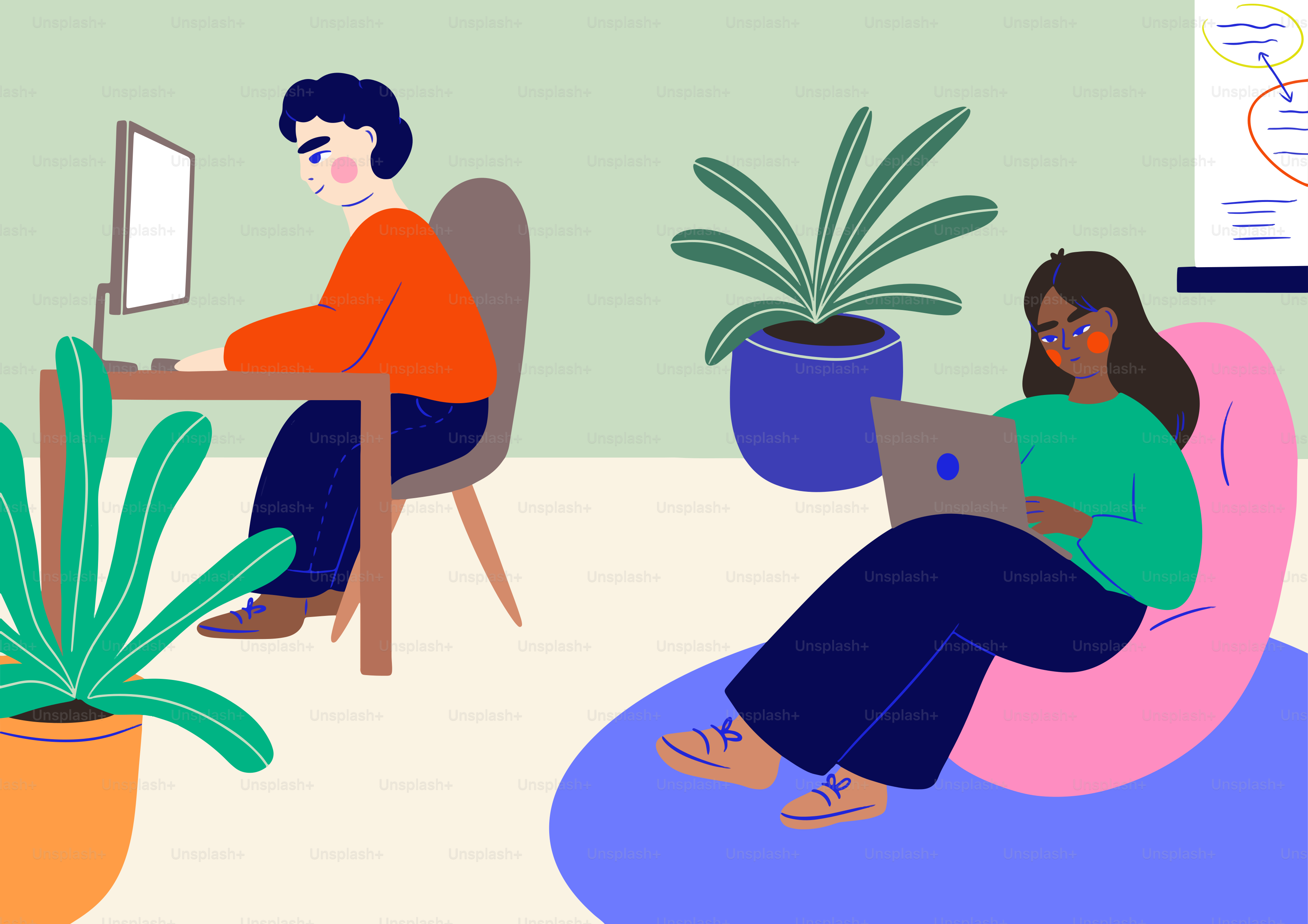 A man and a woman sitting on a bean bag chair in front of a computer