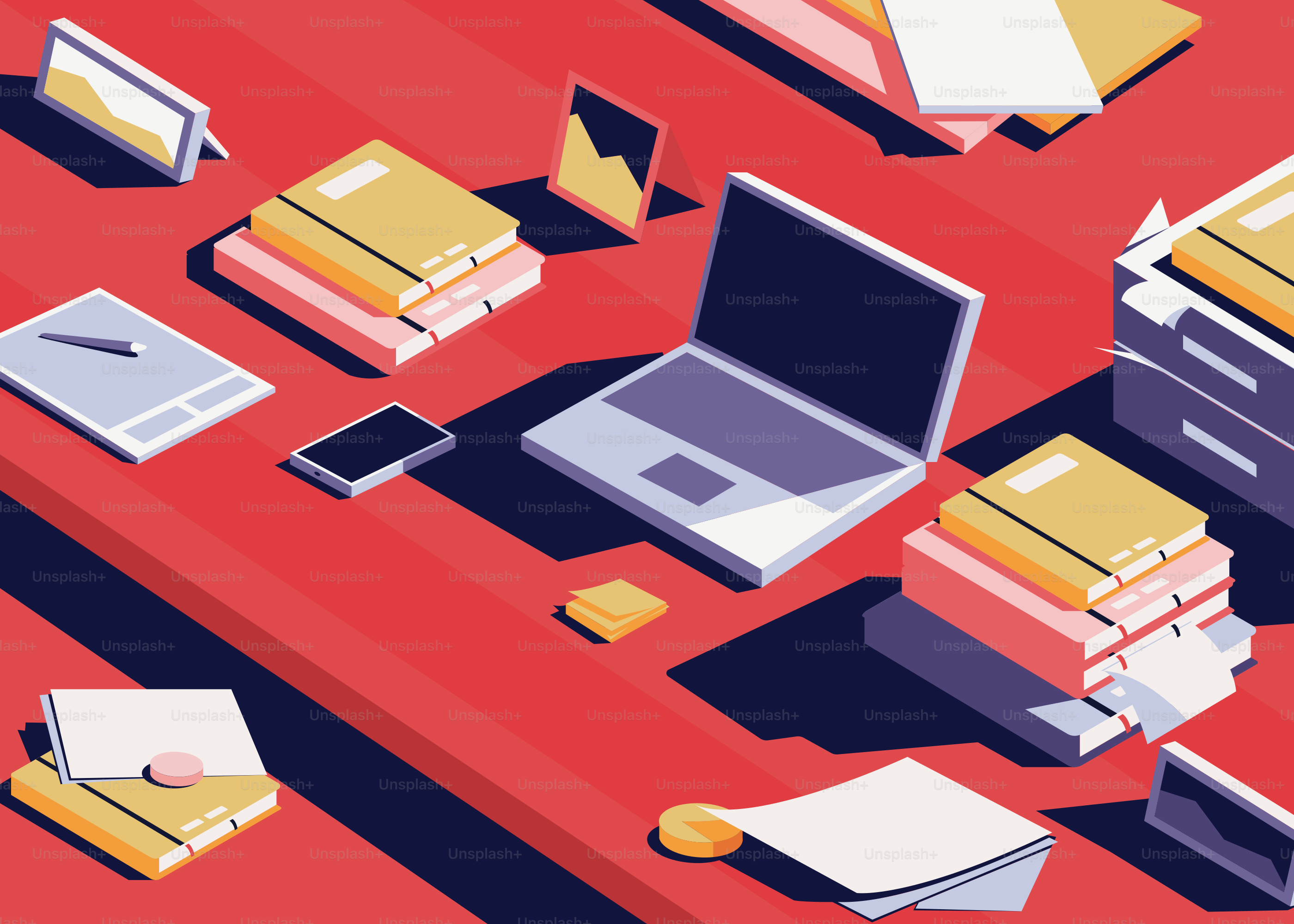 Ein roter Tisch mit vielen Büchern und Laptops