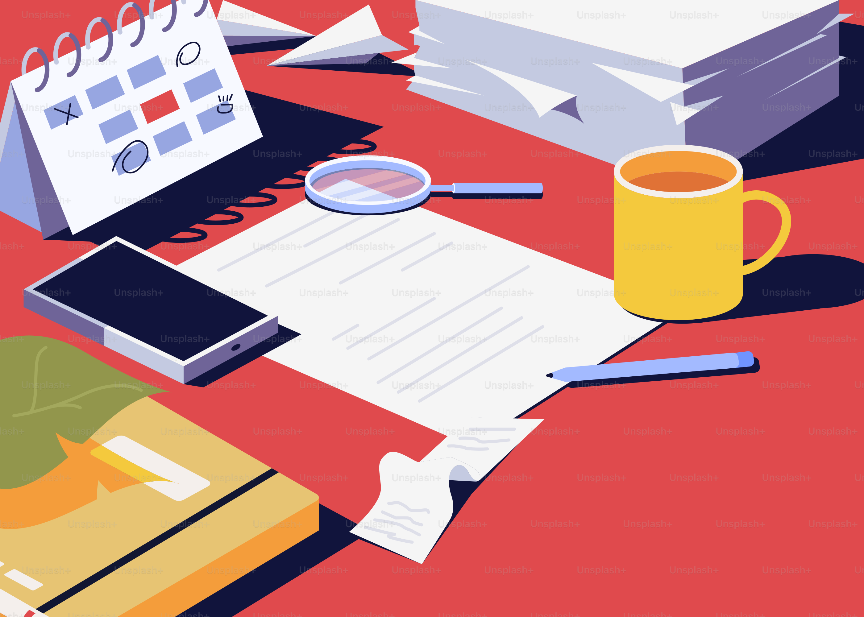 Ein Schreibtisch mit einer Tasse Kaffee und einem Kalender