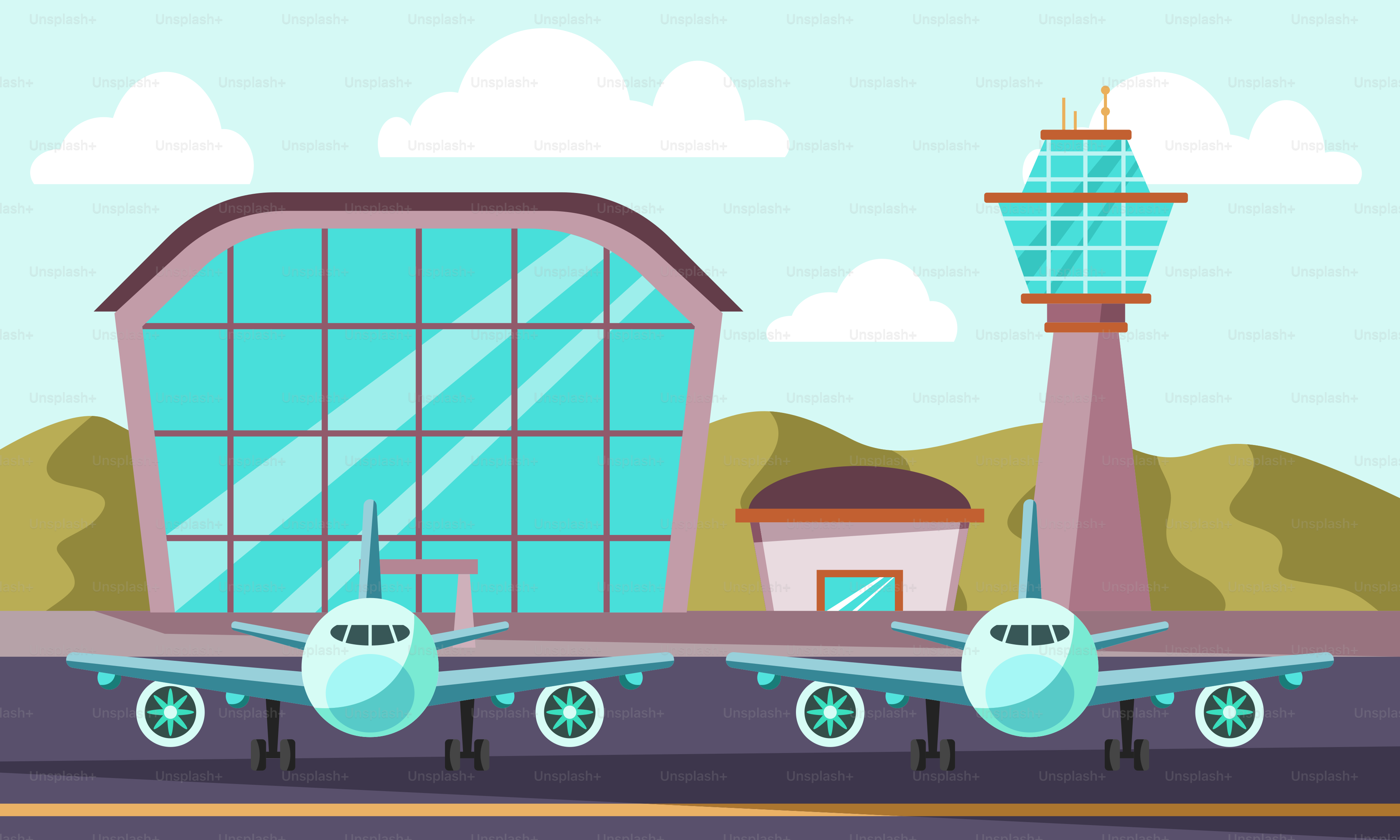 An airport with two airplanes on the tarmac