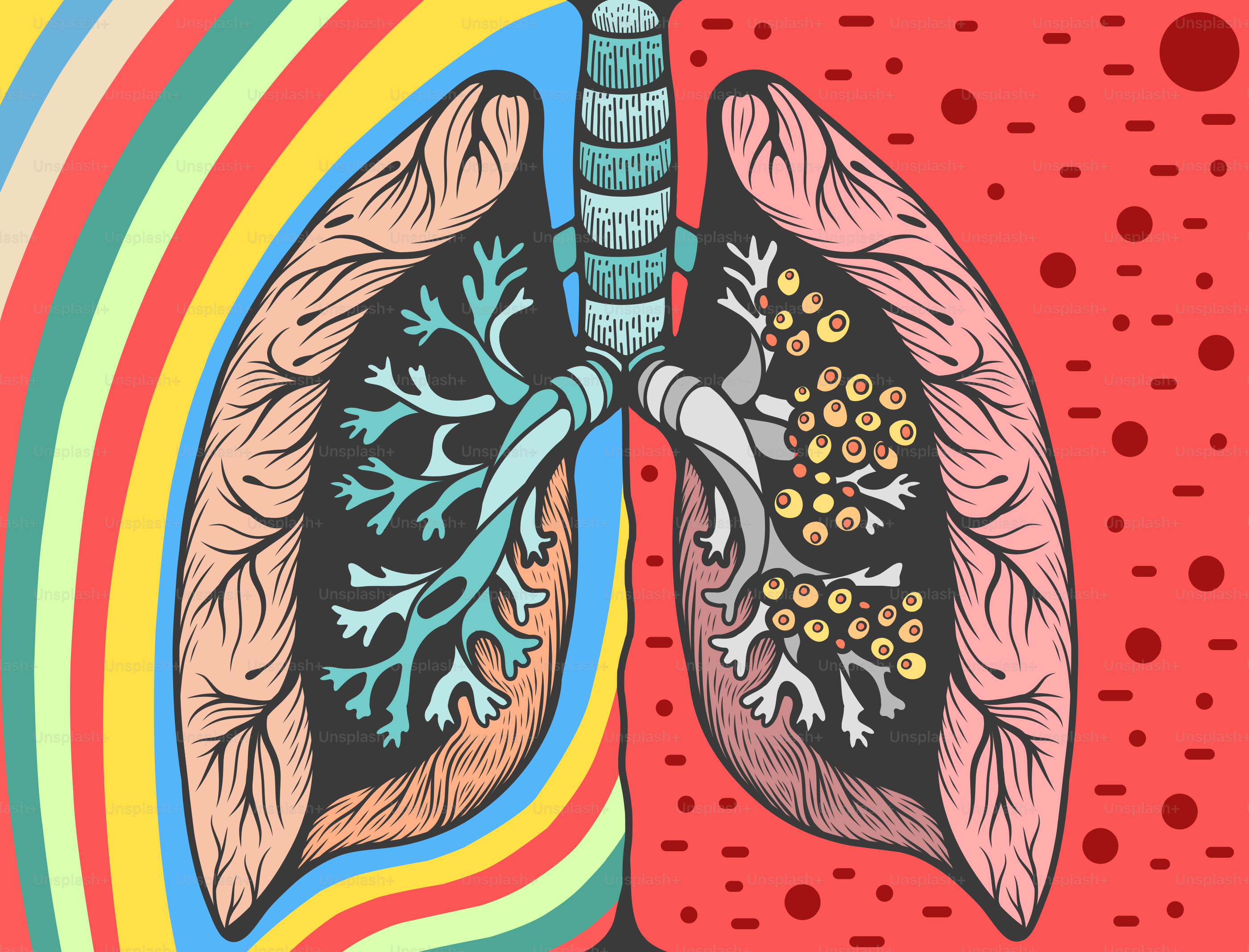 A drawing of a human lungs with a rainbow in the background