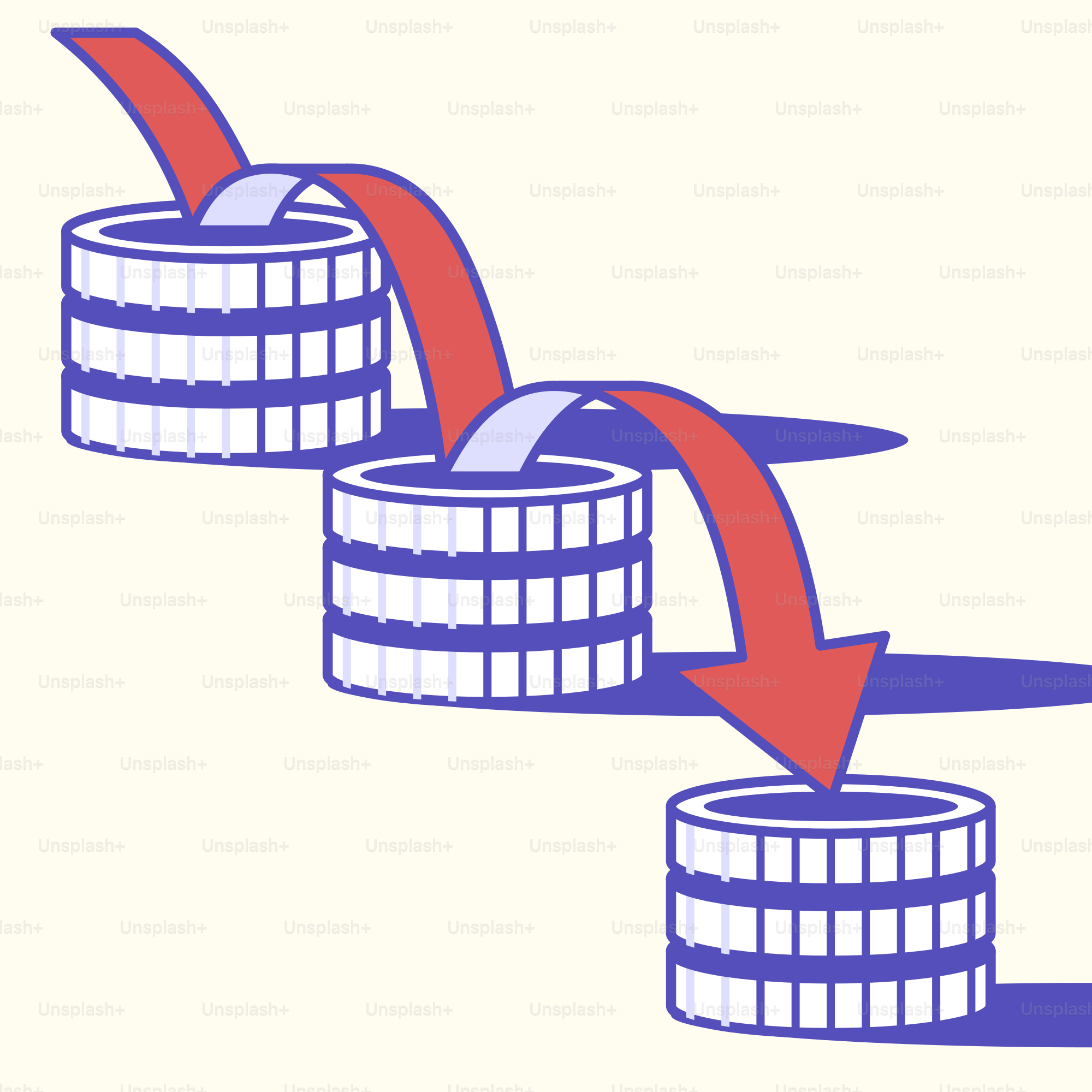 A stack of coins with a red arrow pointing up