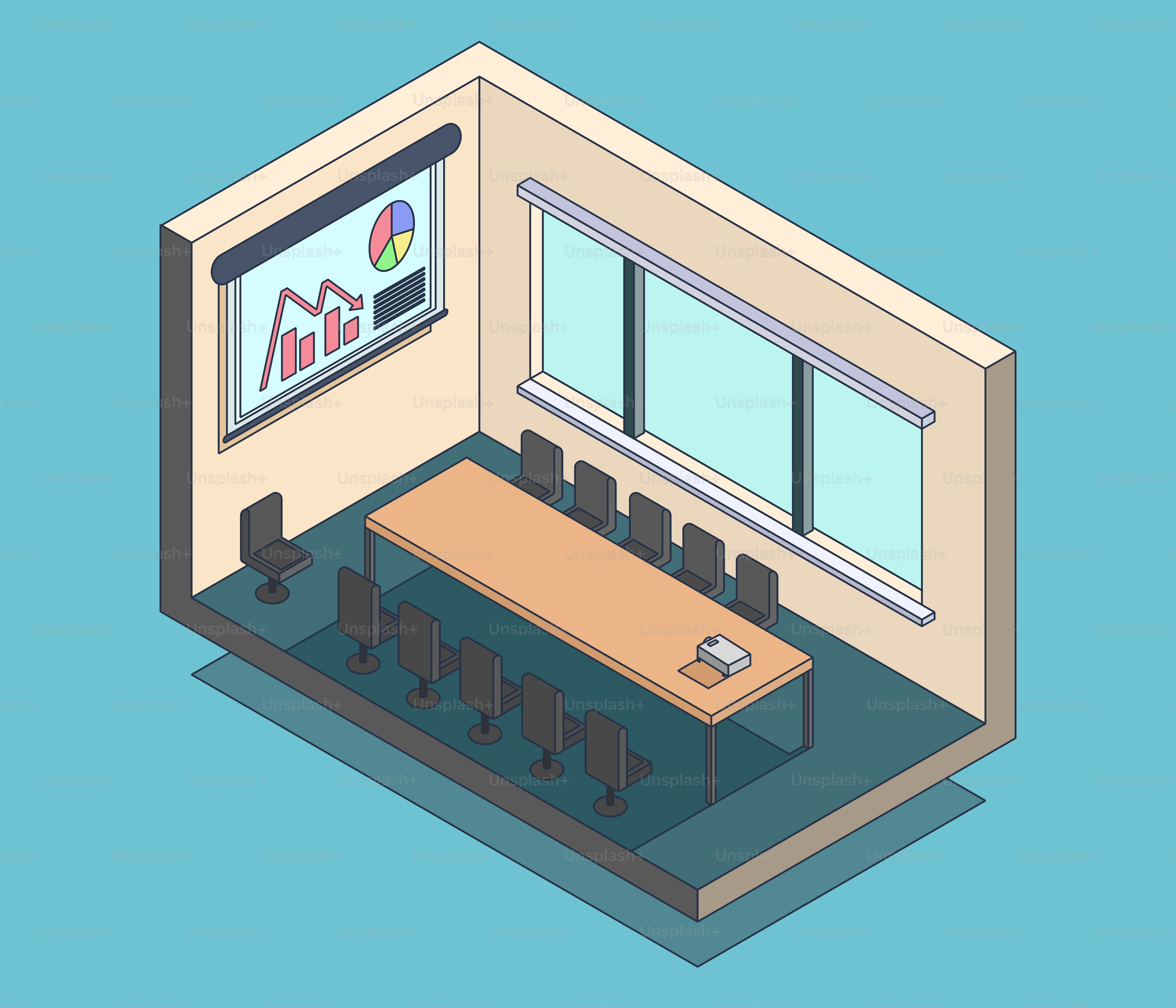 A conference room with a table and chairs