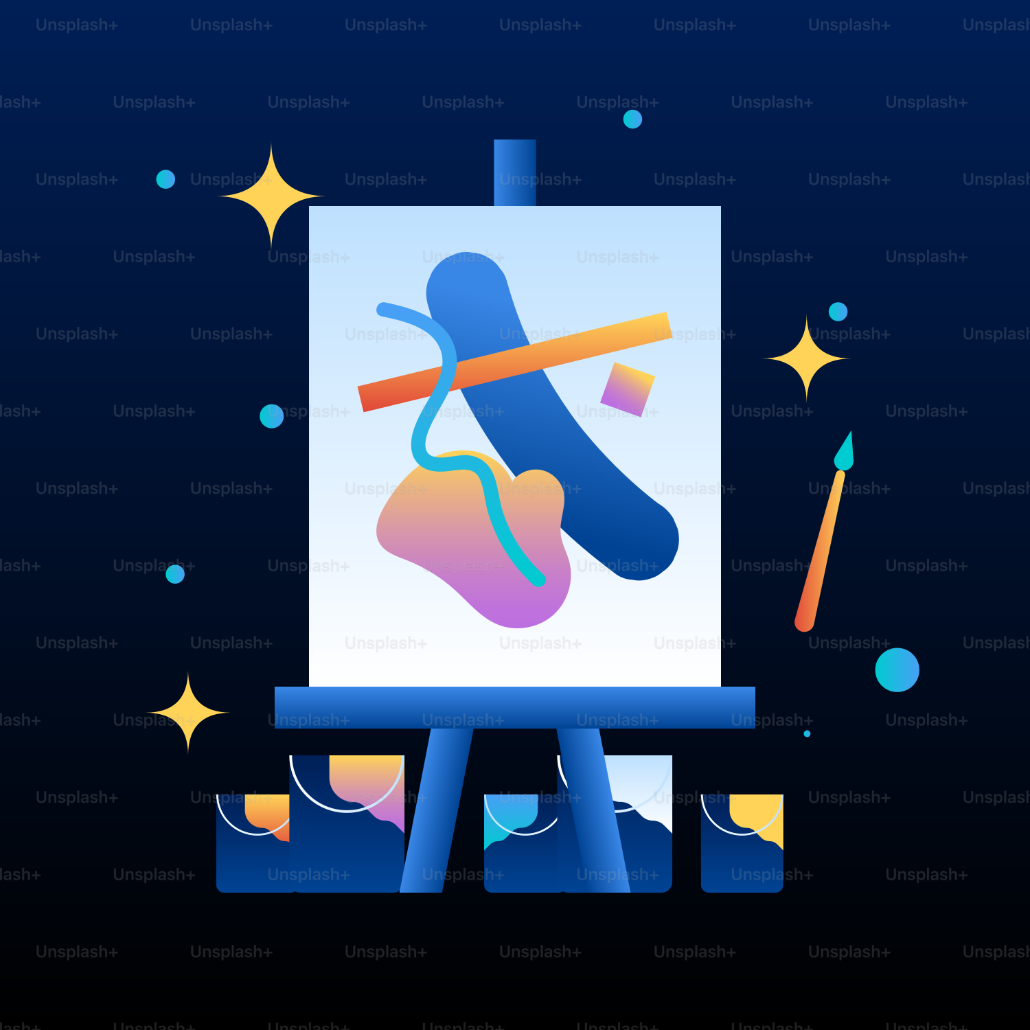 A painting on a easel with stars around it