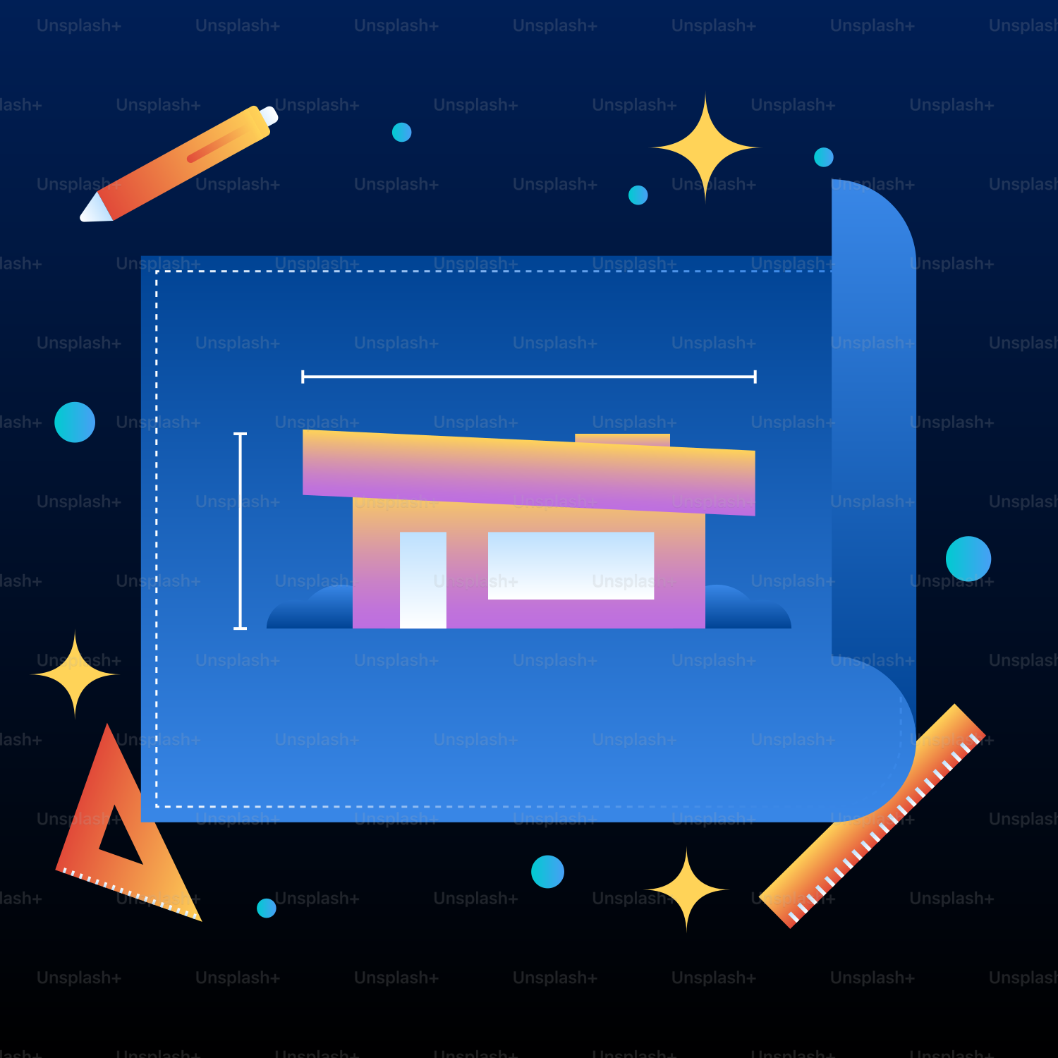 A picture of a building surrounded by pencils and stars