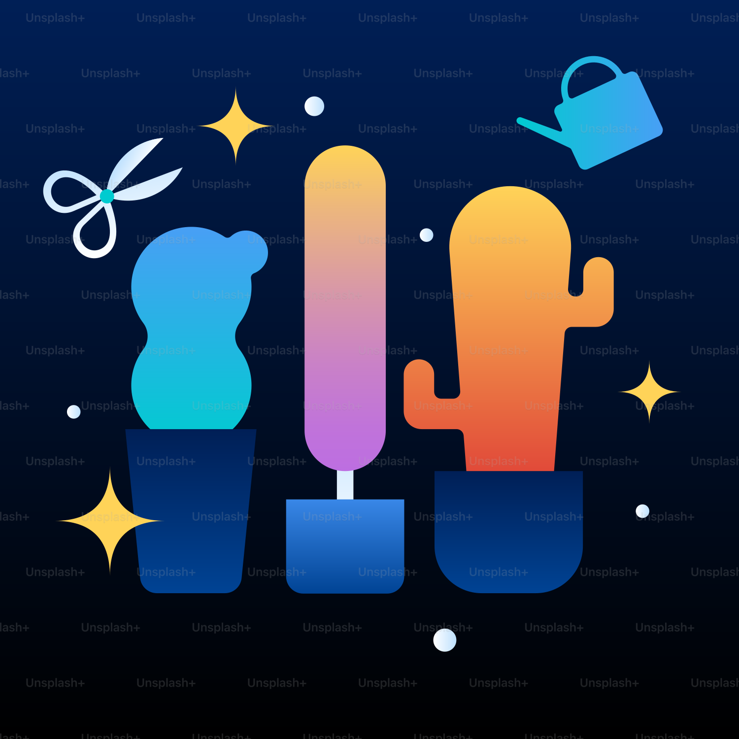 A blue background with a cactus and a watering can